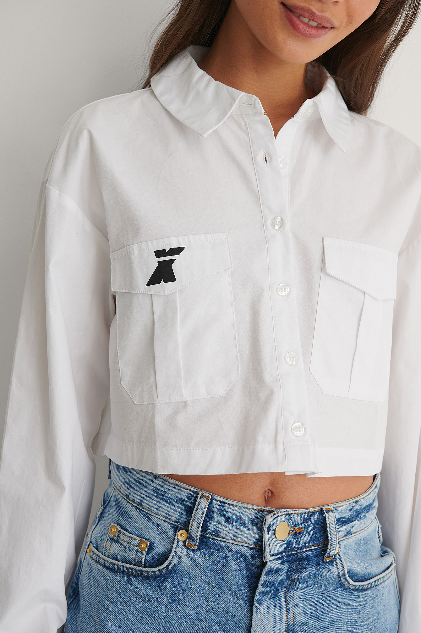 white cropped dress shirt