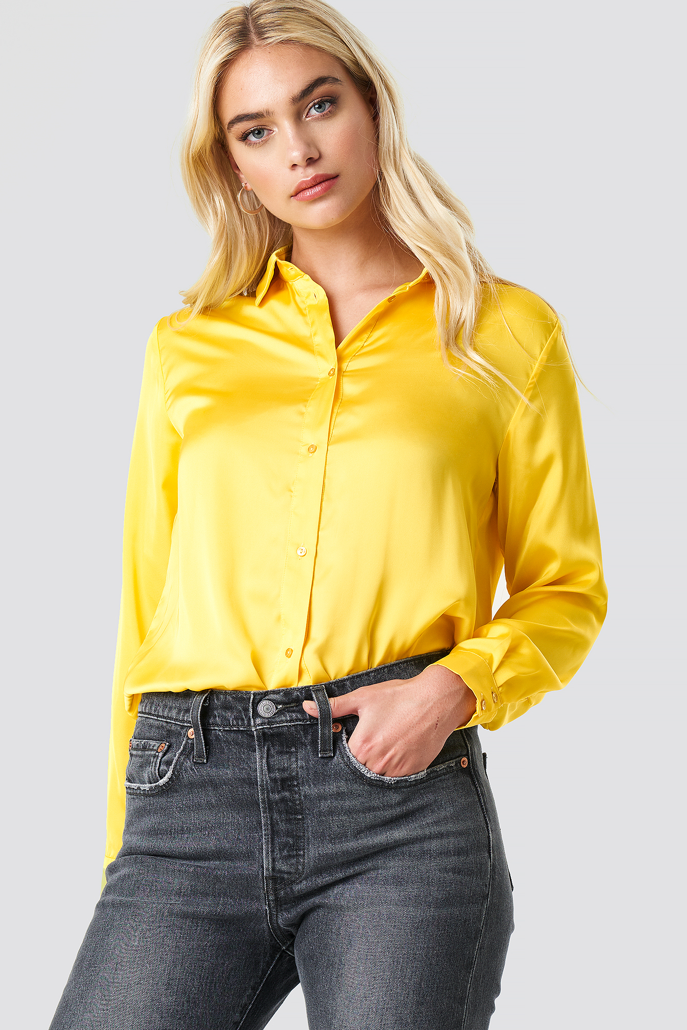 Long Sleeve Satin Shirt Yellow | na-kd.com
