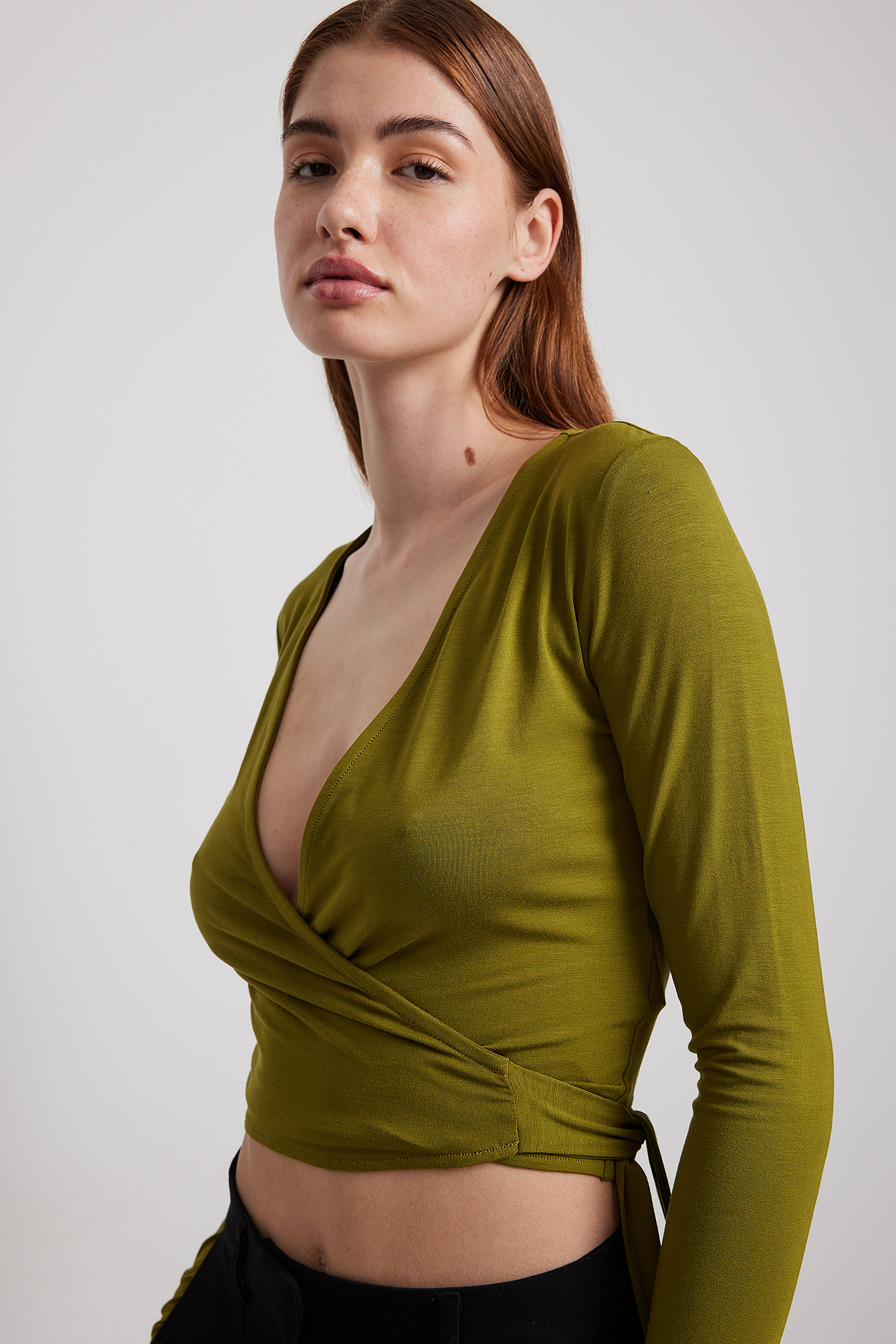 Tender Touch Olive Green Long Sleeve Crop Top