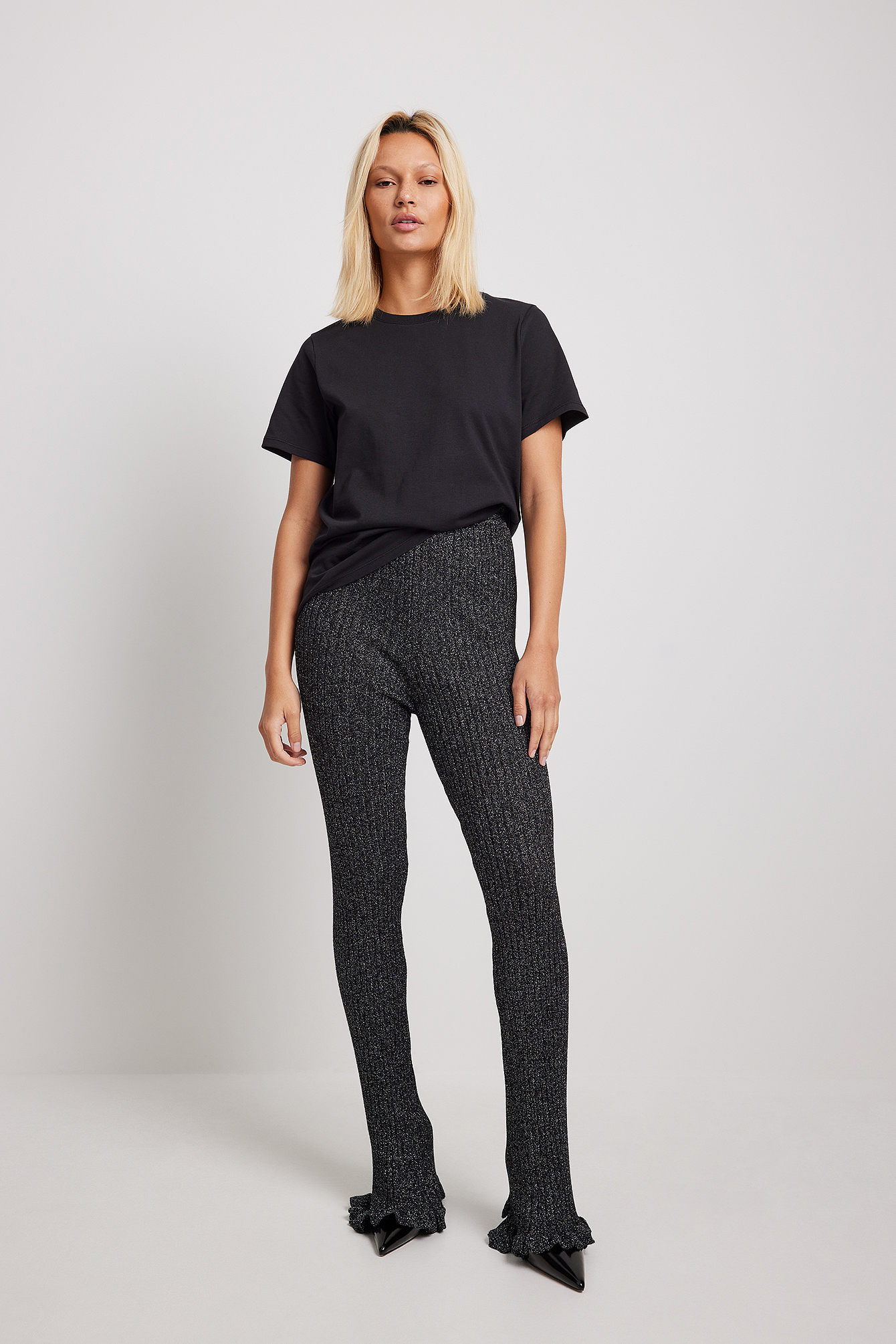 Lurex Knitted Wide Leg Trousers Black
