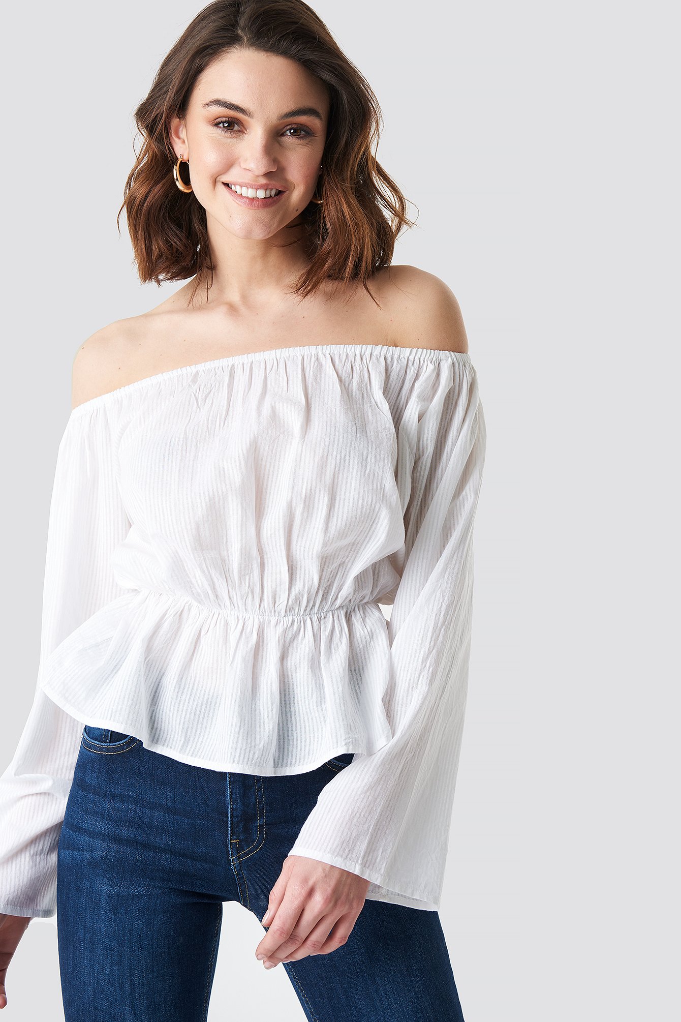 white off the shoulder flounce top