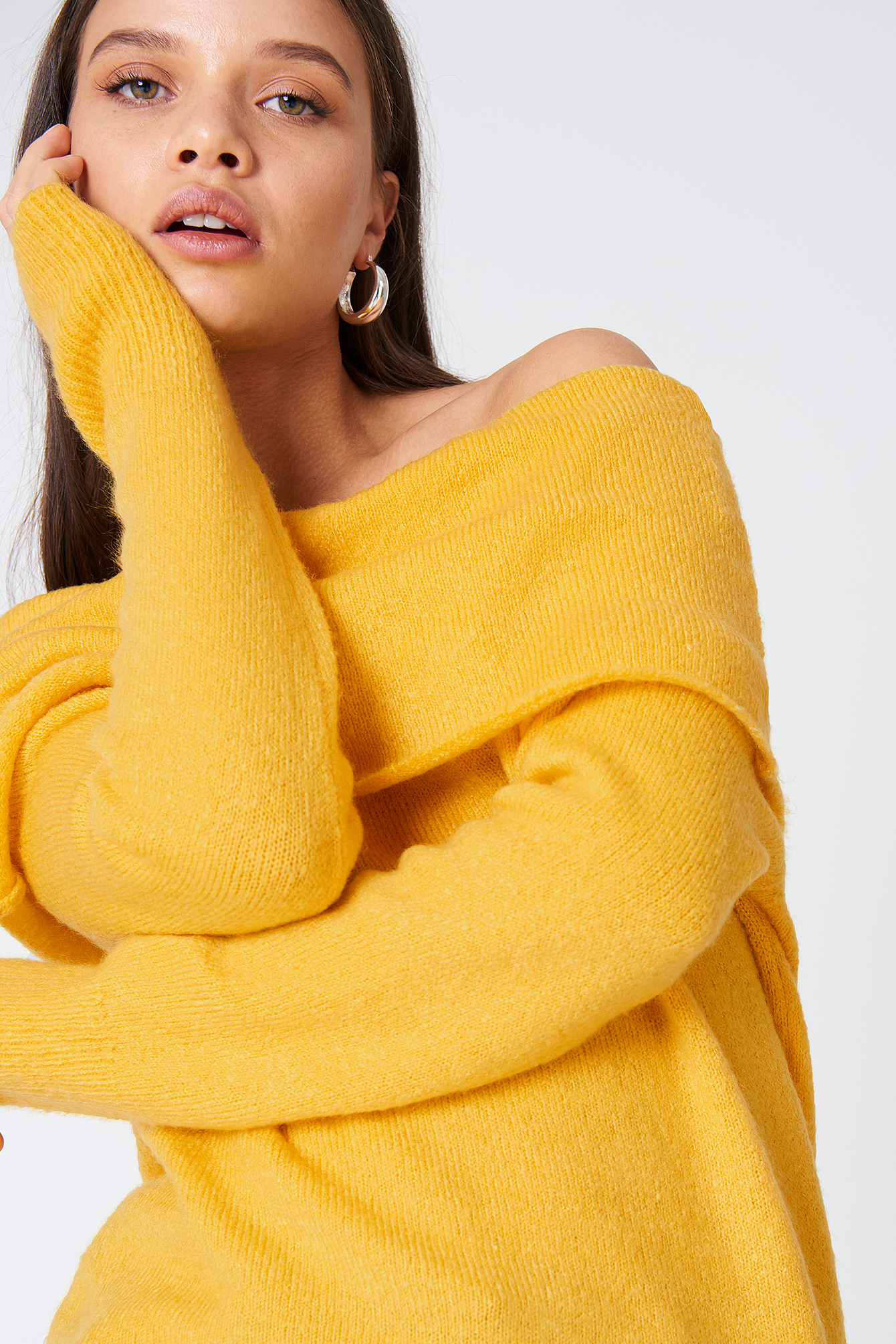 yellow off shoulder sweater