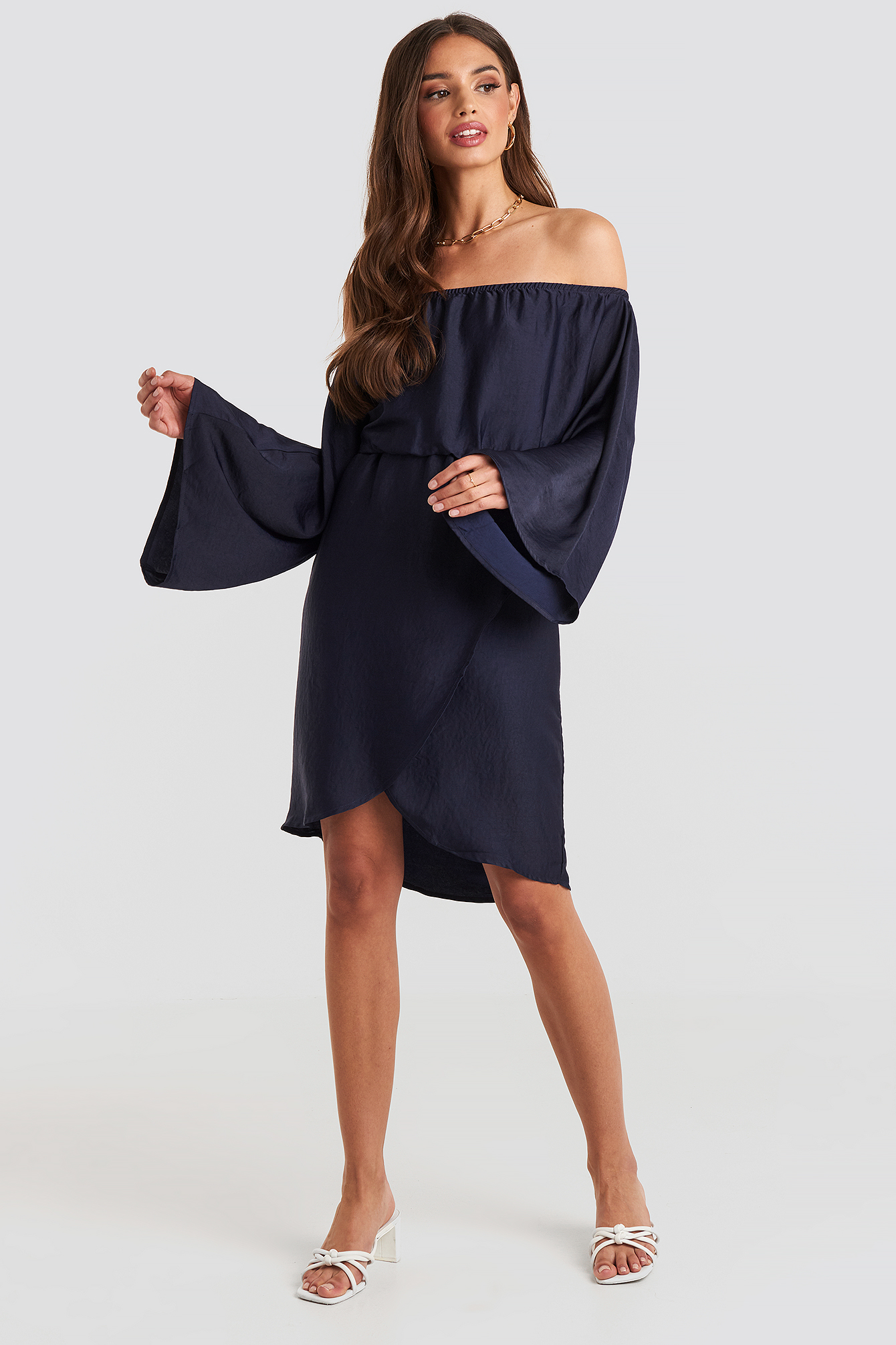 Off Shoulder Kimono Sleeve Dress Blauw Na