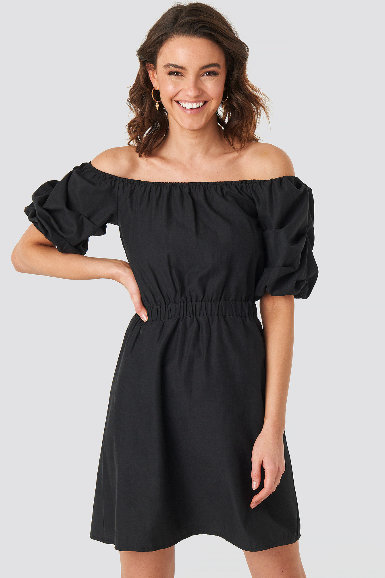 Off Shoulder Puff Sleeve A-Line Dress Black | na-kd.com