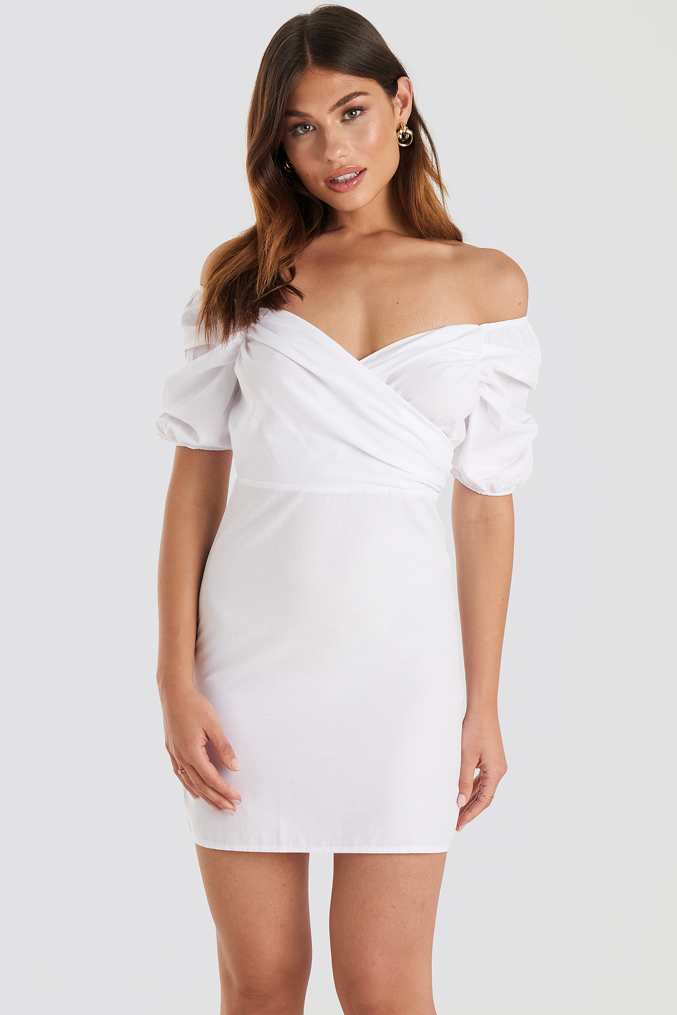 Off Shoulder Puff Sleeve Mini Dress Blanc