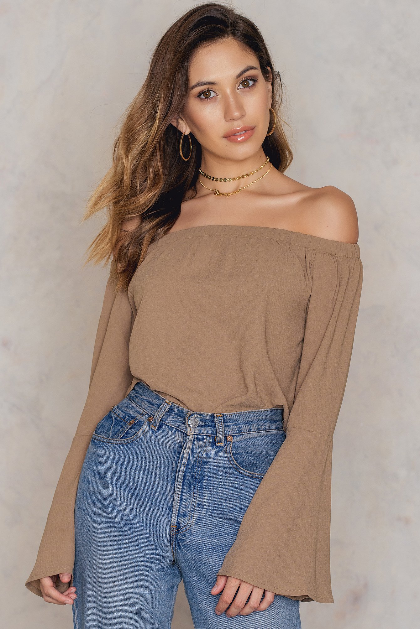 beige off the shoulder top