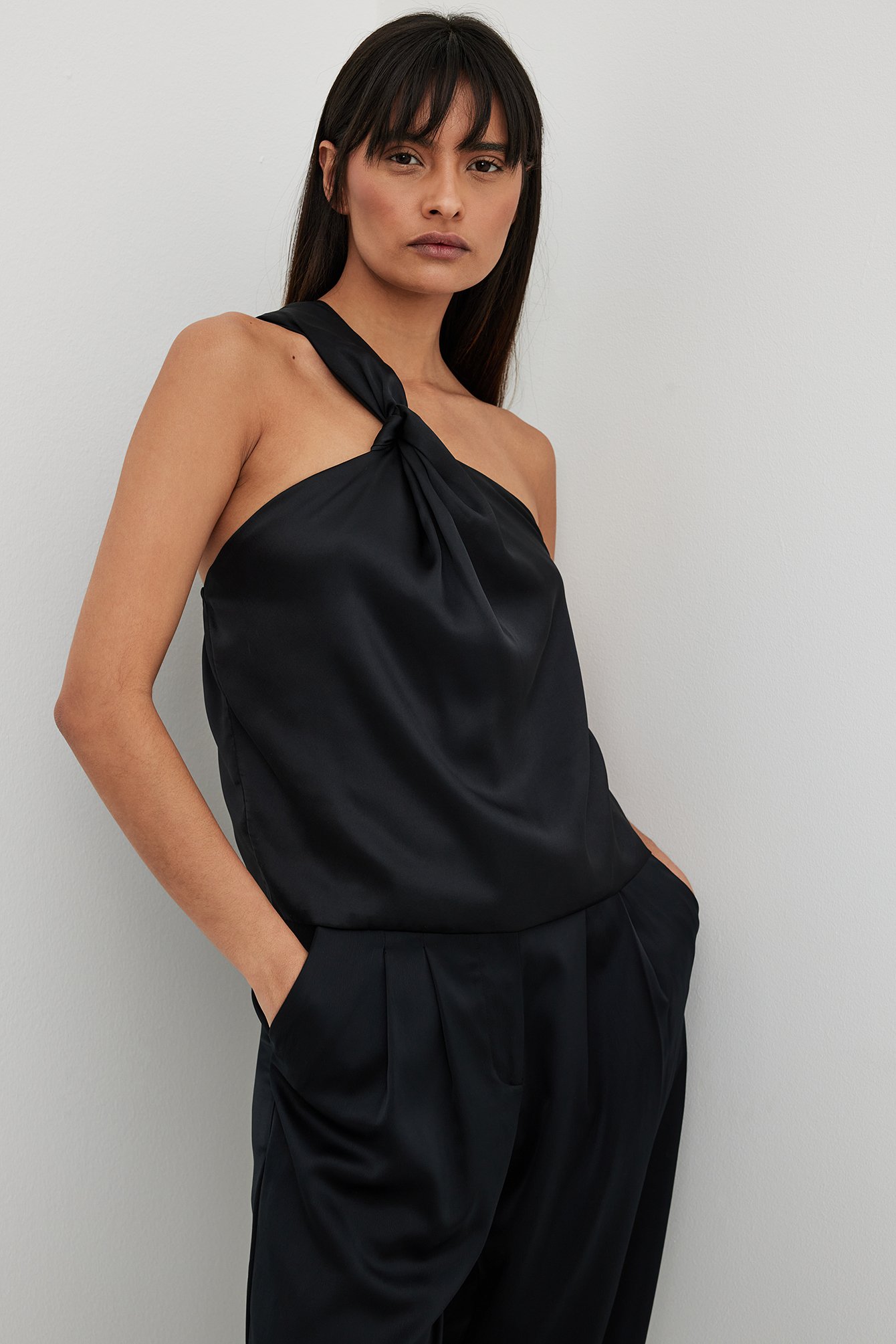 One Shoulder Twist Detail Satin Top Black | NA-KD