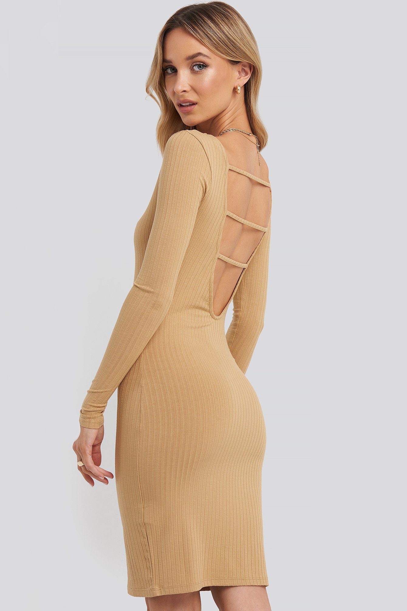 Beige Dress - Open Back Dress - Ribbed Bodycon Dress