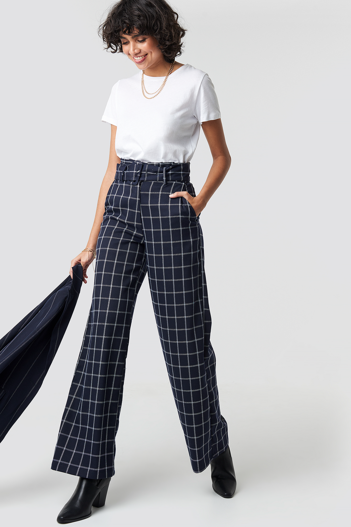 navy blue paperbag trousers