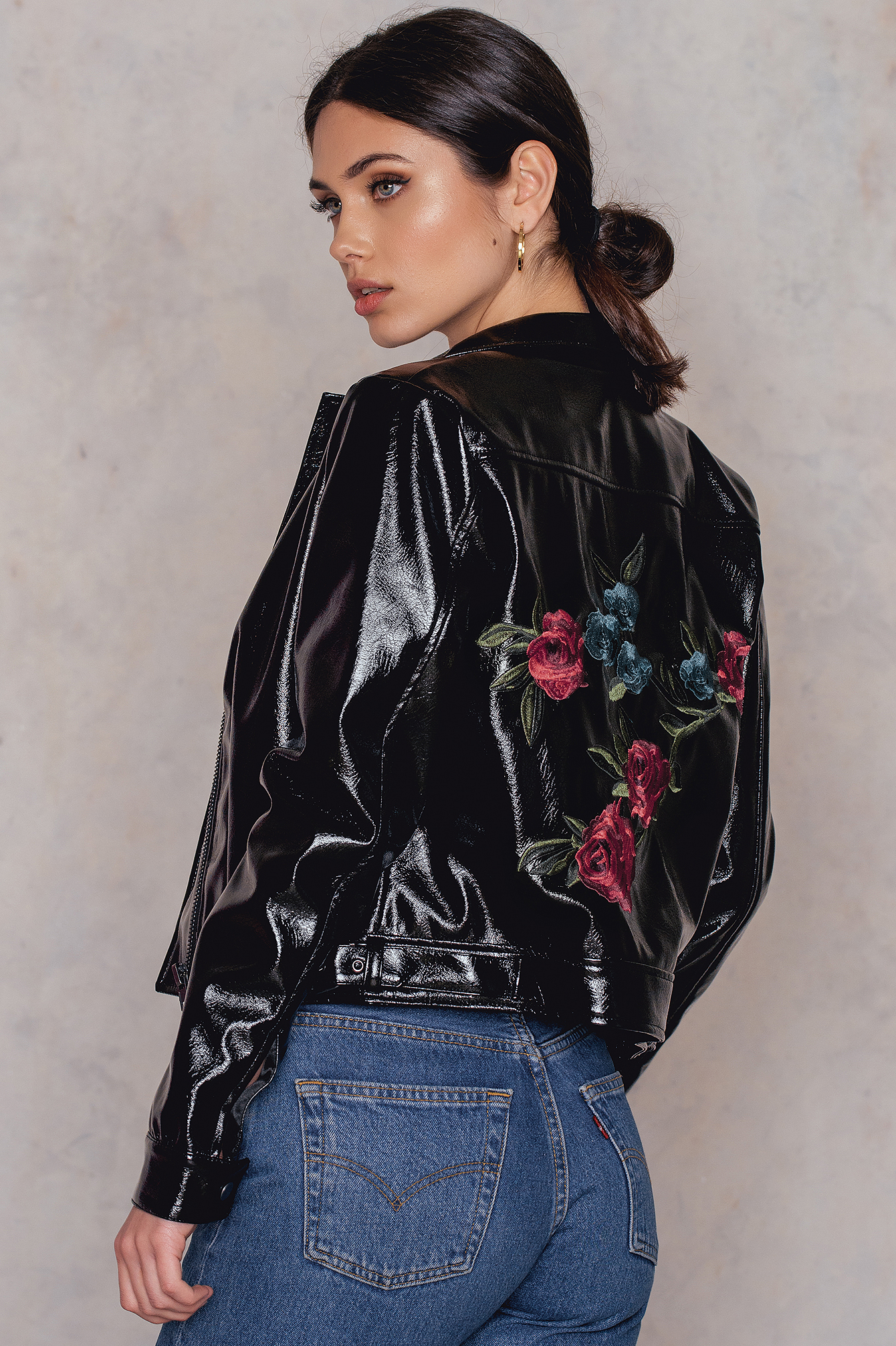 Patent Embroidery Biker Jacket Black | NA-KD