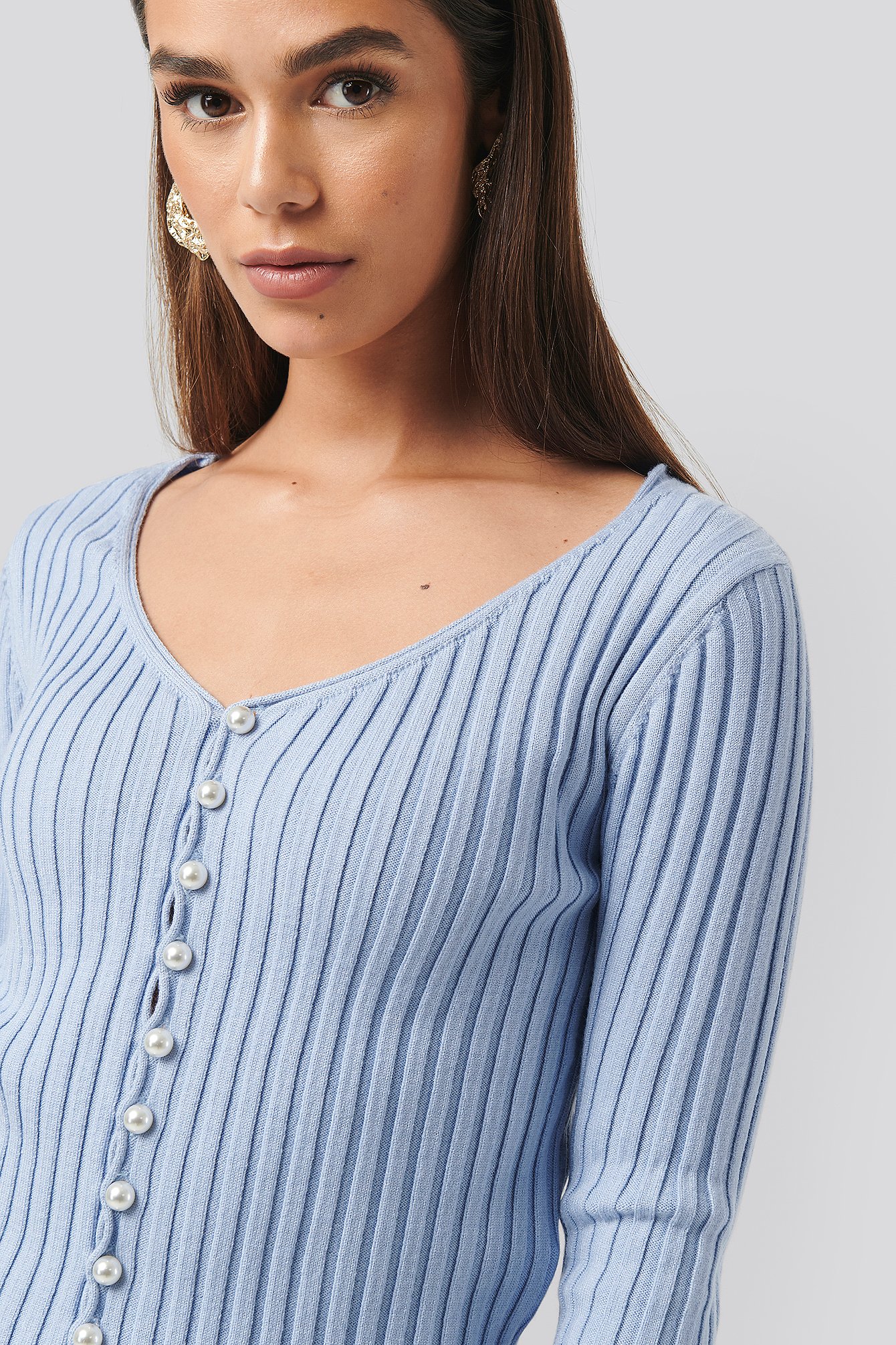 Na-kd Pearl Detailed Knitted Cardigan - Blue In Light Blue
