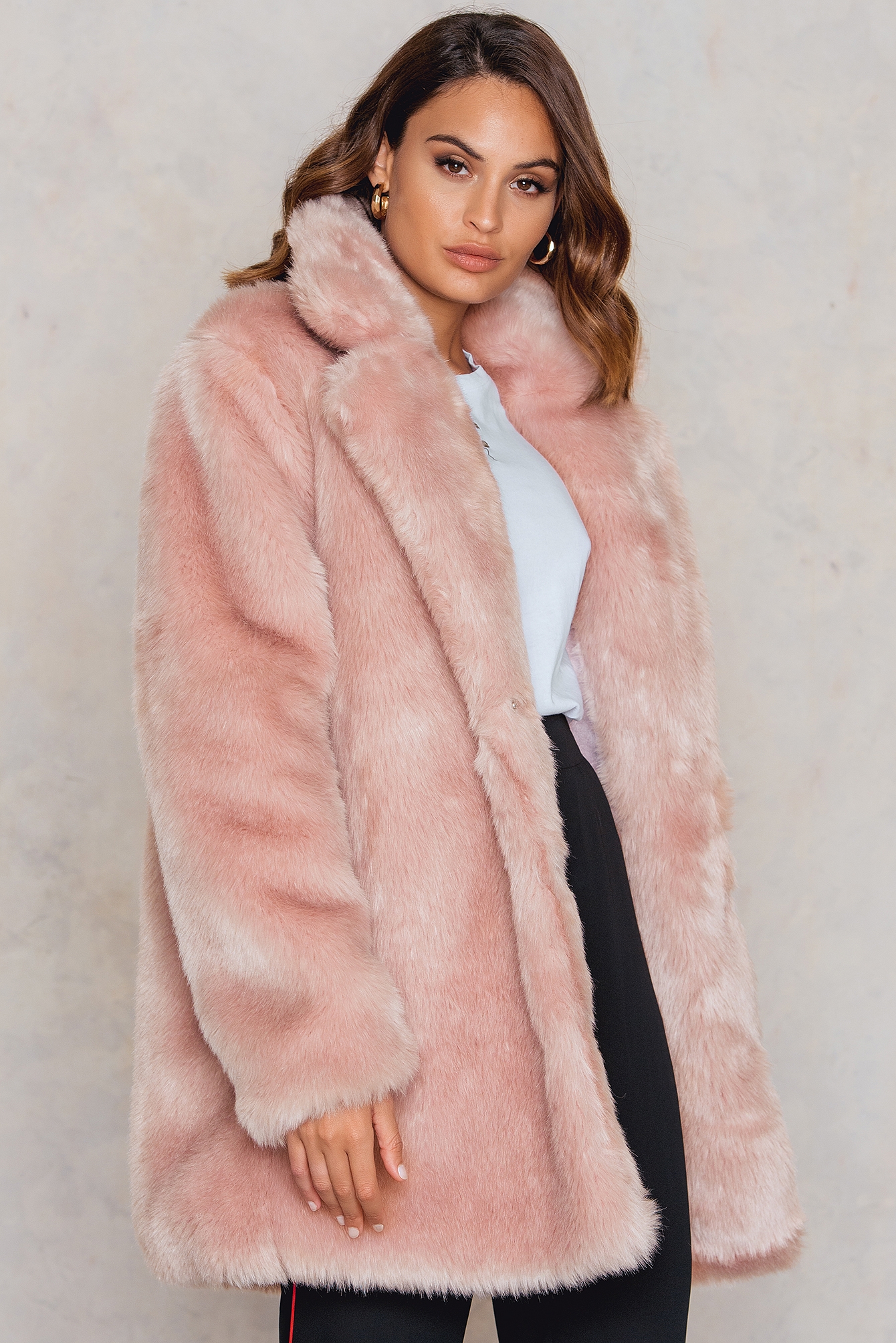 long pink faux fur coat