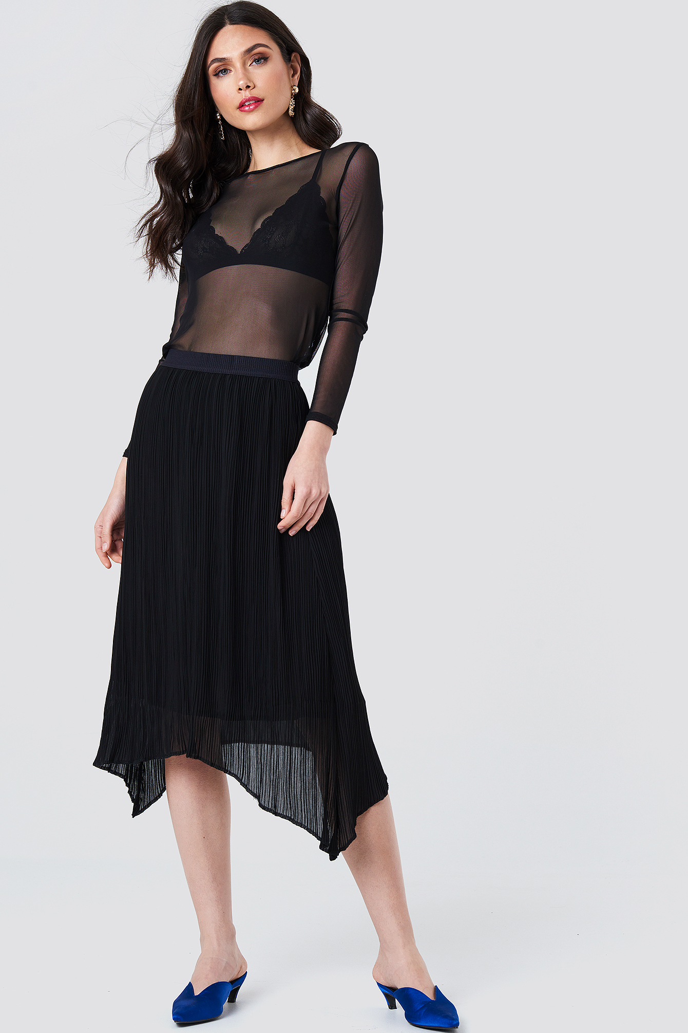 Pleated Asymmetric Hem Skirt Zwart Na