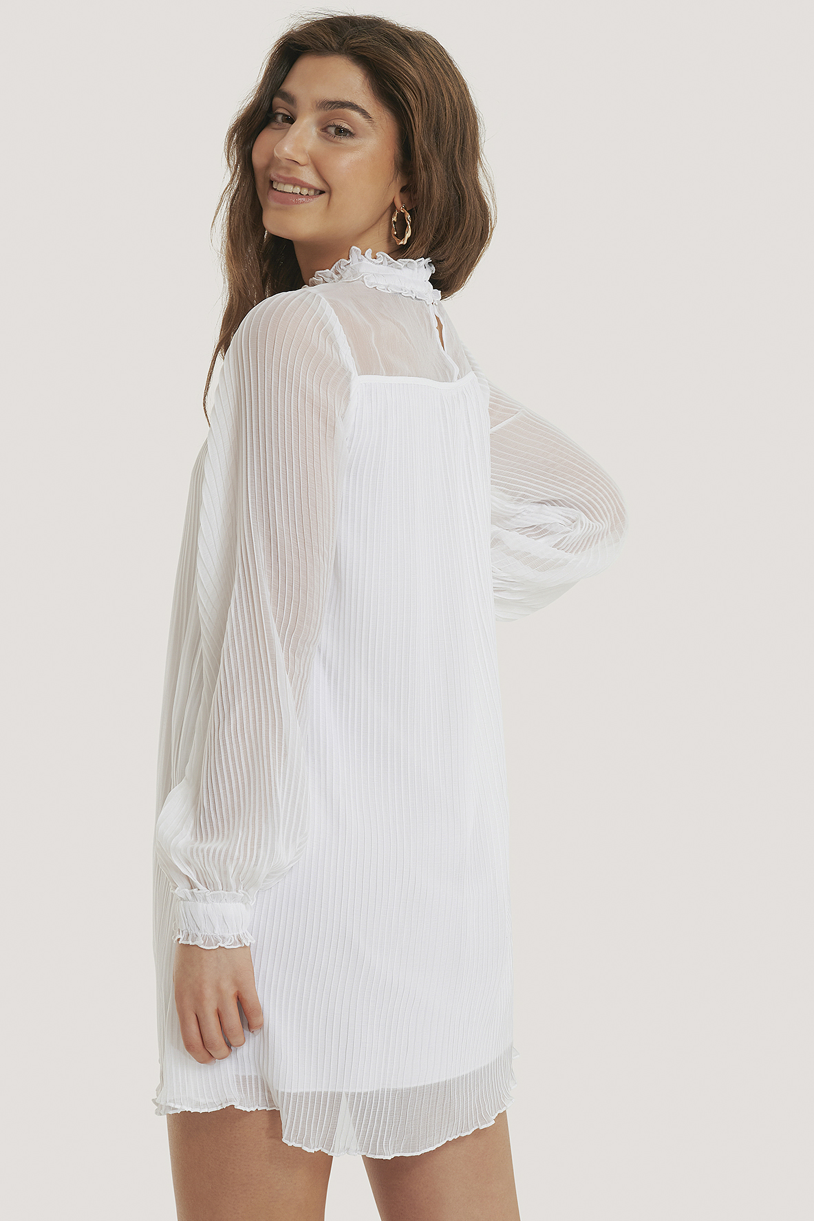 Pleated Frill Neck Dress White Na