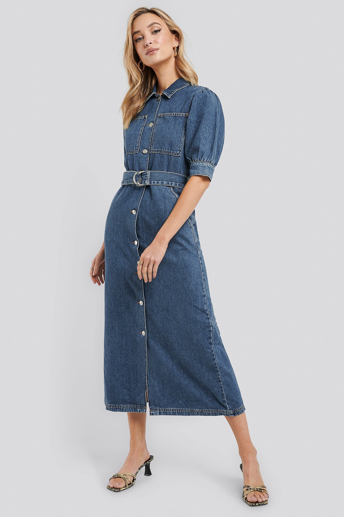 Puff Sleeve Belted Denim Dress Blå Na 