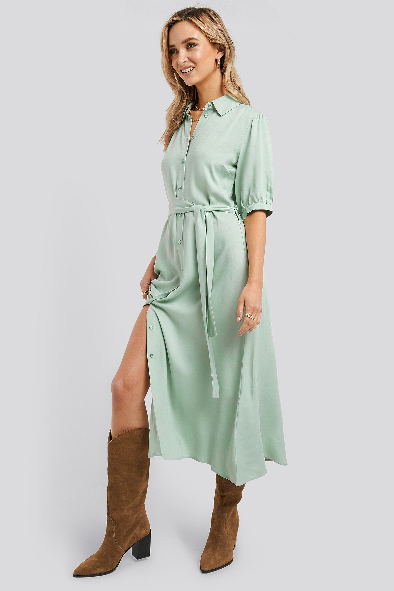 puff sleeve belted shirt dress