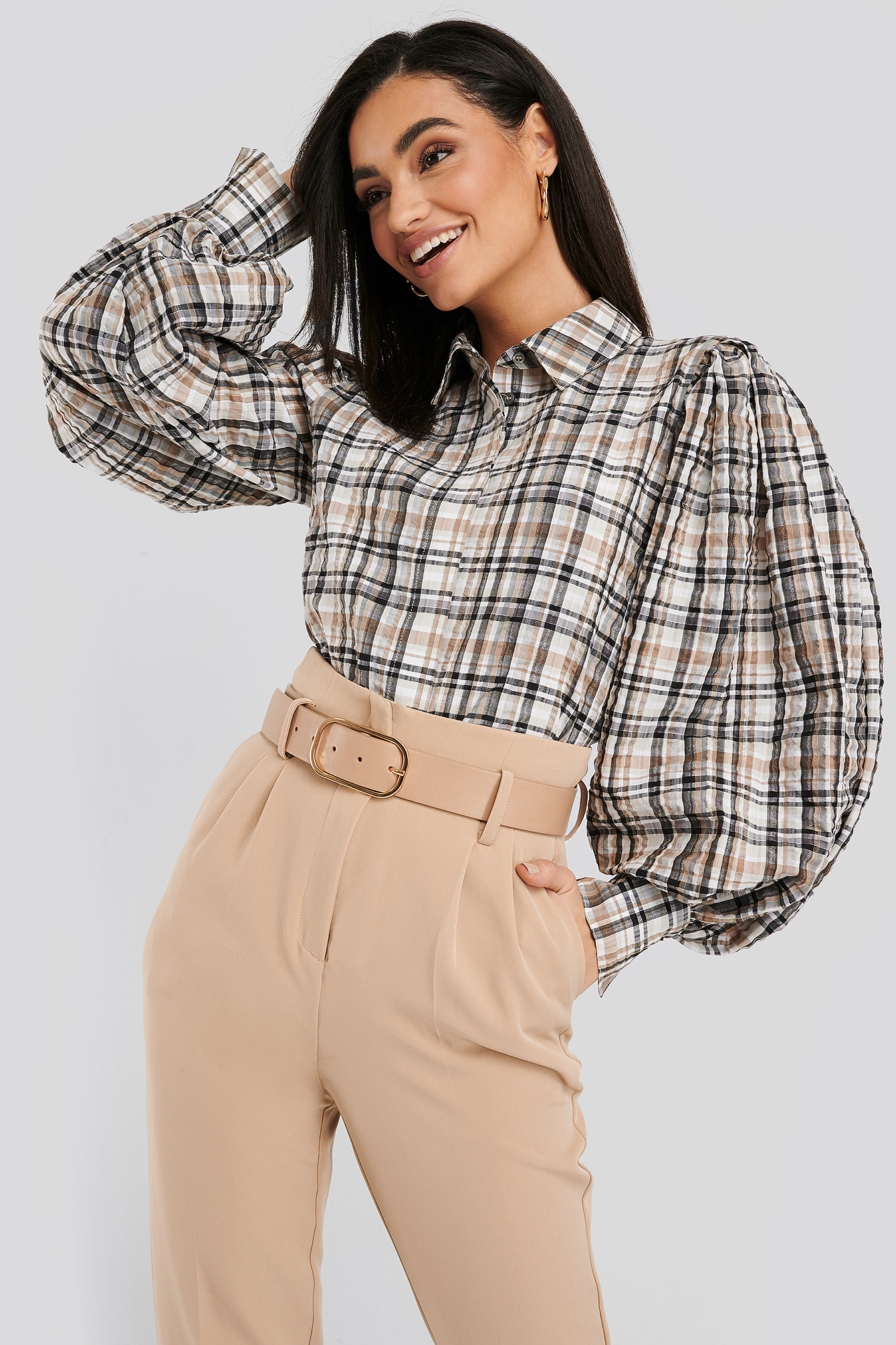 checked puff sleeve top