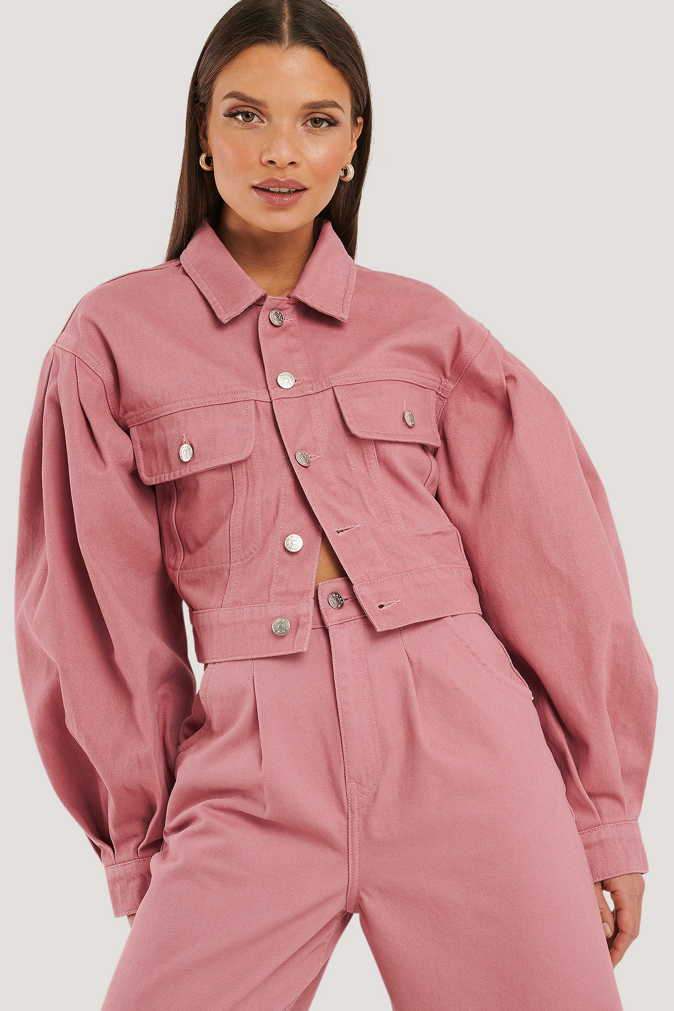 Puff Sleeve Oversized Denim Jacket Pink | NA-KD