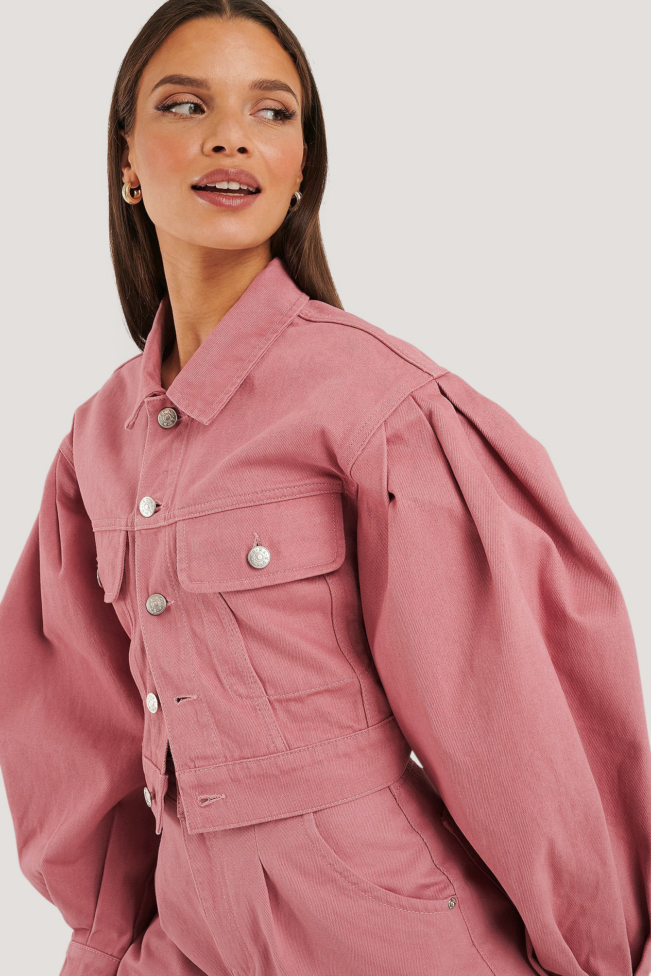 pink puff sleeve denim jacket