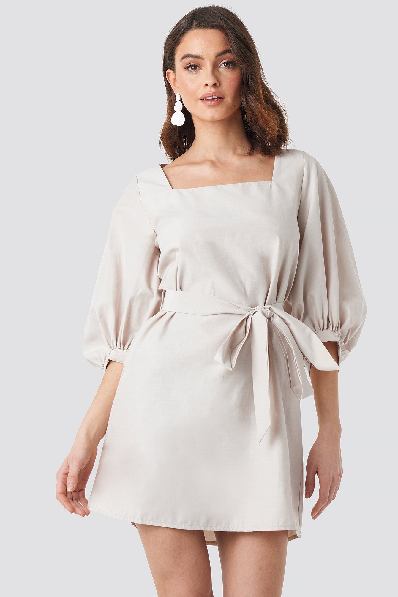 Puff Sleeve Square Neck Tie Dress Beige | NA-KD