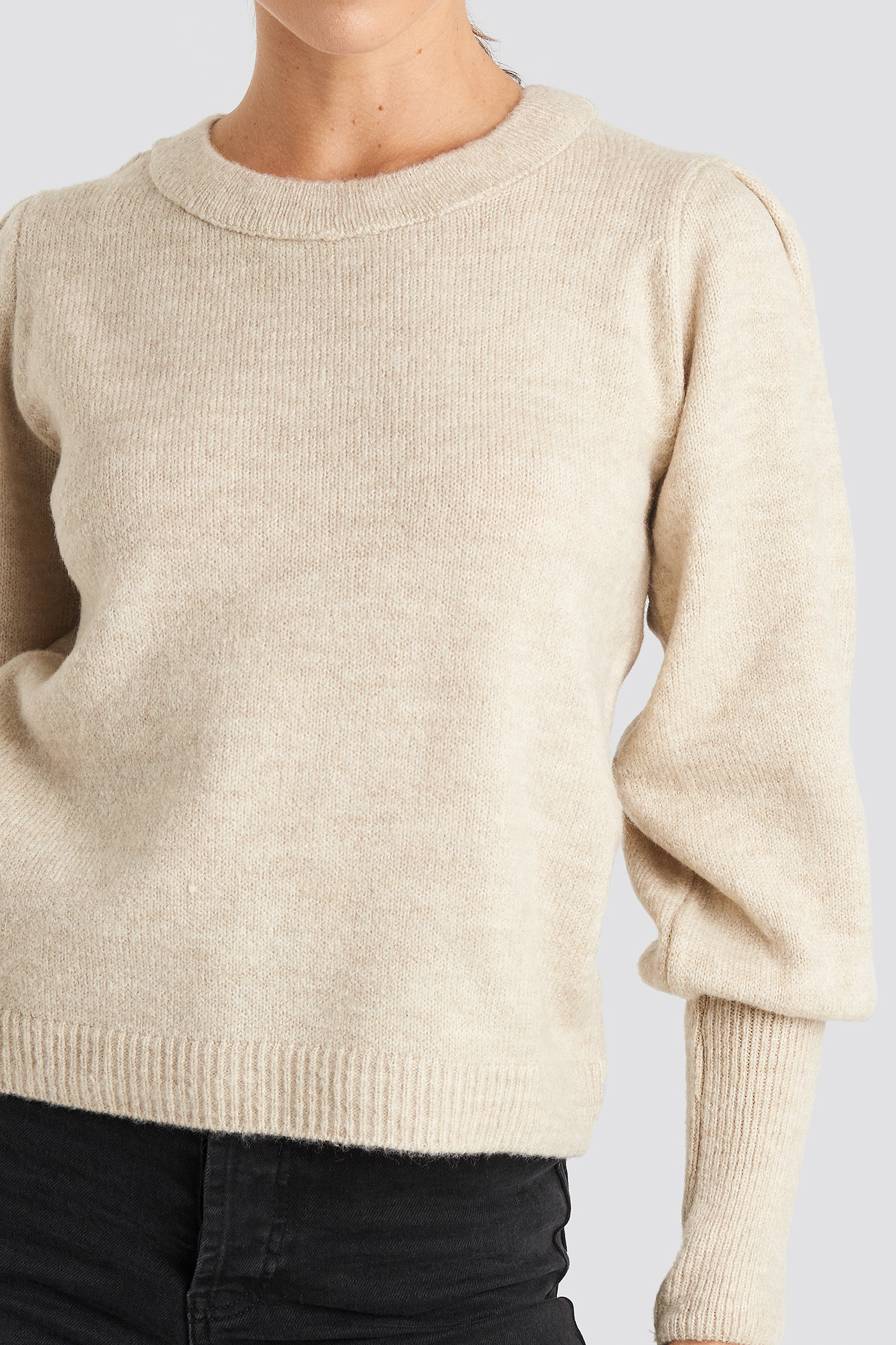 Puff Sleeve Wide Rib Knitted Sweater Beige Na