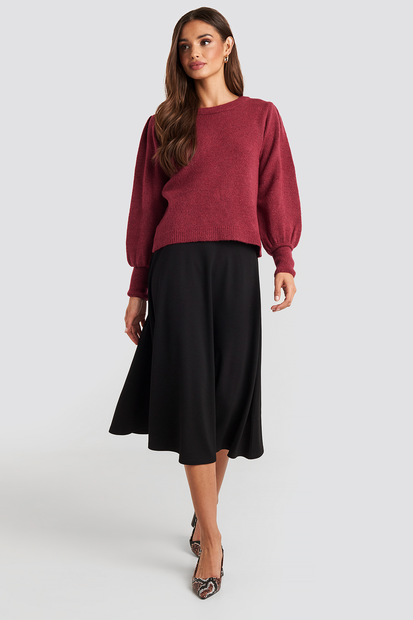 Puff Sleeve Wide Rib Knitted Sweater Red Na