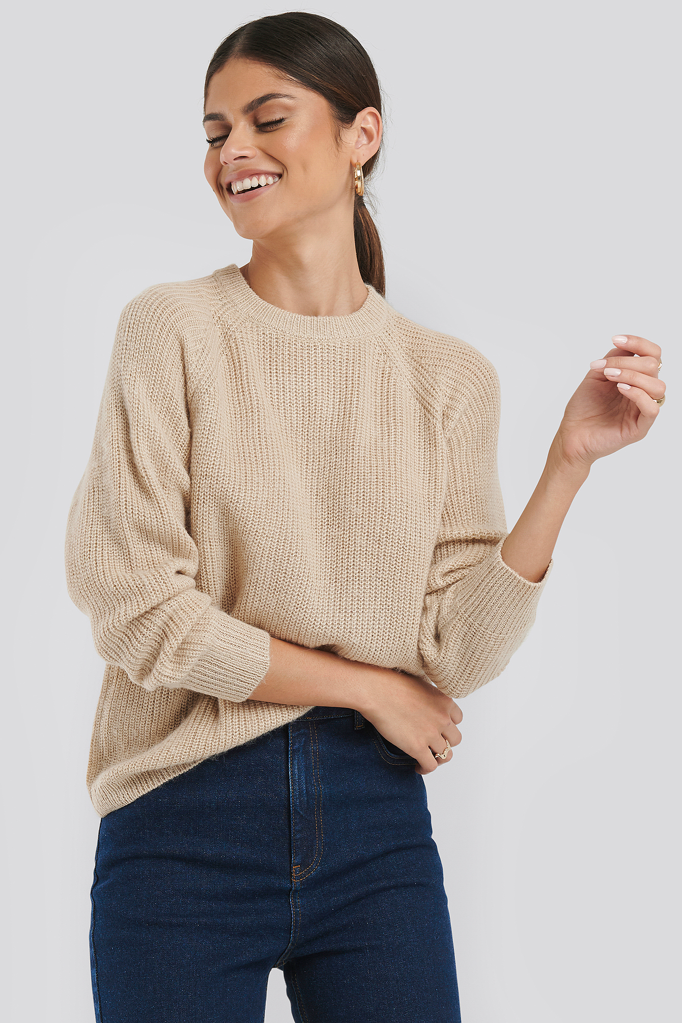 Raglan Knitted Sweater Beige | NA-KD