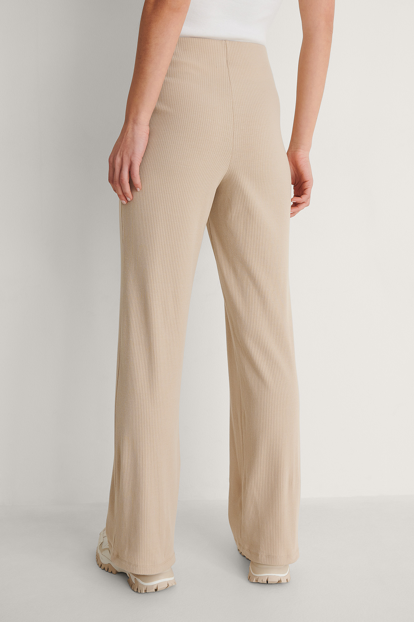 Ribbed Wide Leg Pants - Beige