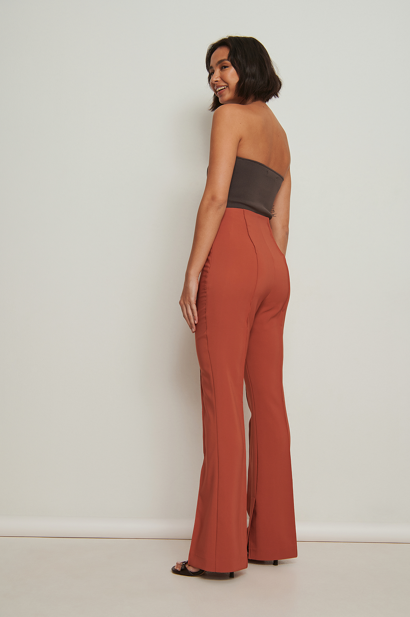 Orange Mesh Cut Out Panelled Flared Pants