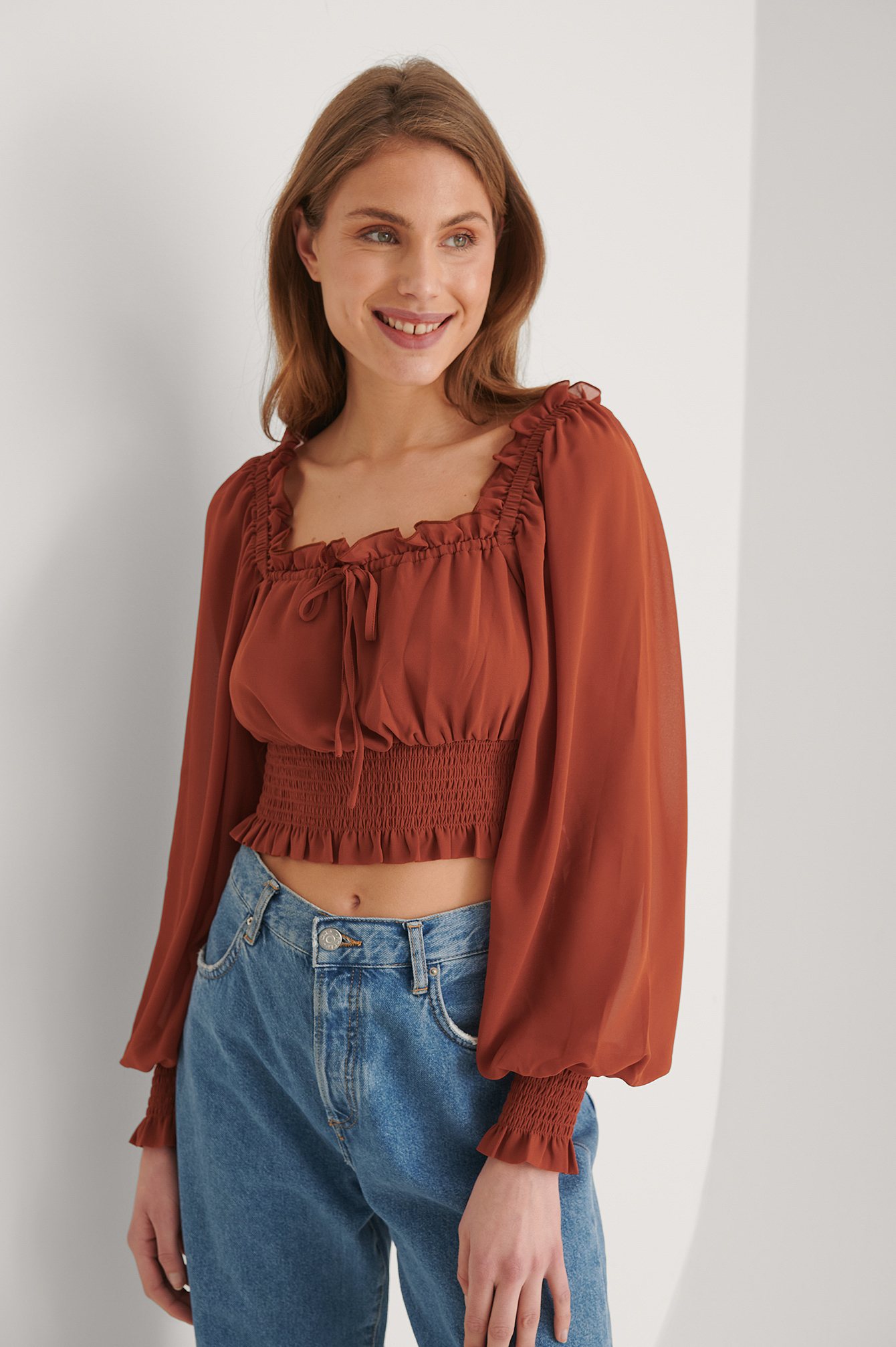 Na-kd Reborn Recycled Squared Neck Blouse - Brown