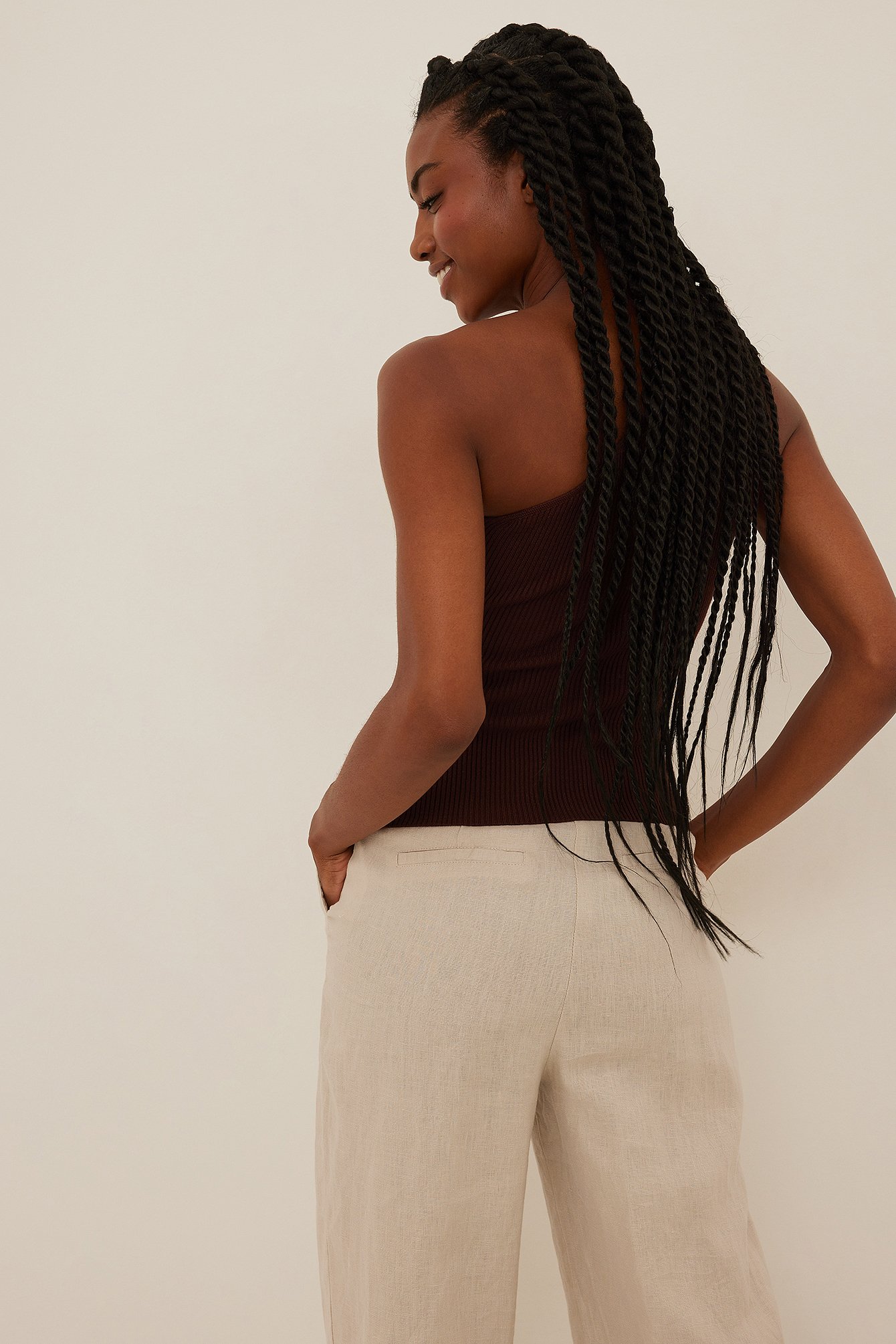 Rib Knitted One Shoulder Top Braun