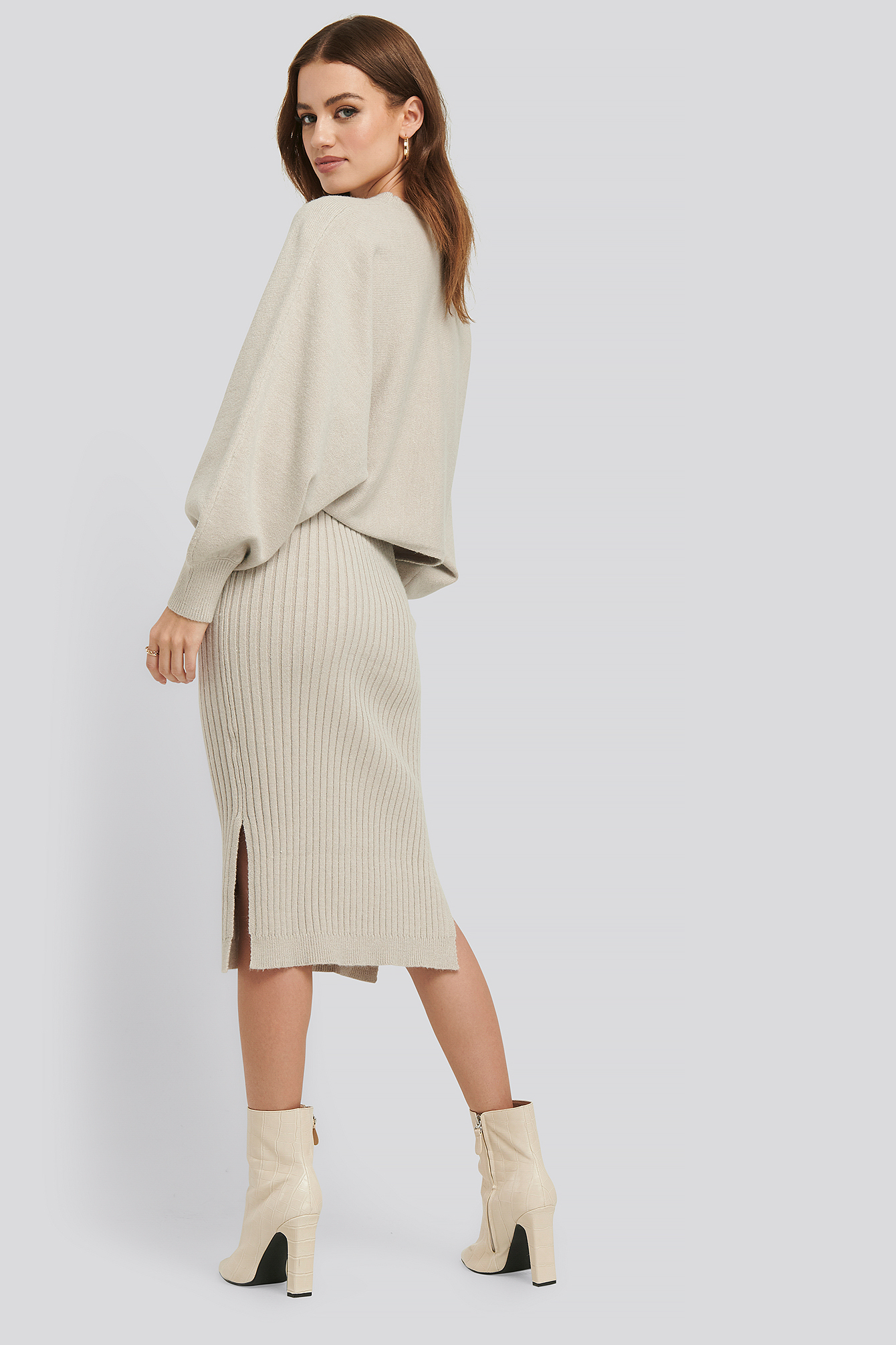 Rib Knitted Skirt Beige Na 