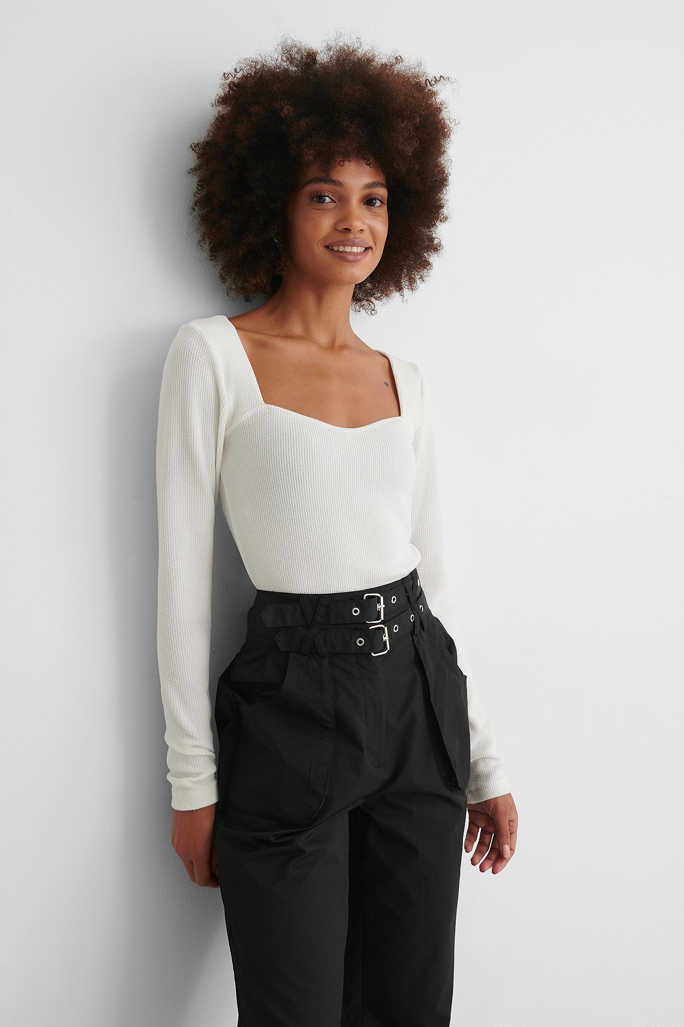 Ribbed Heart Neckline Top Offwhite | na-kd.com