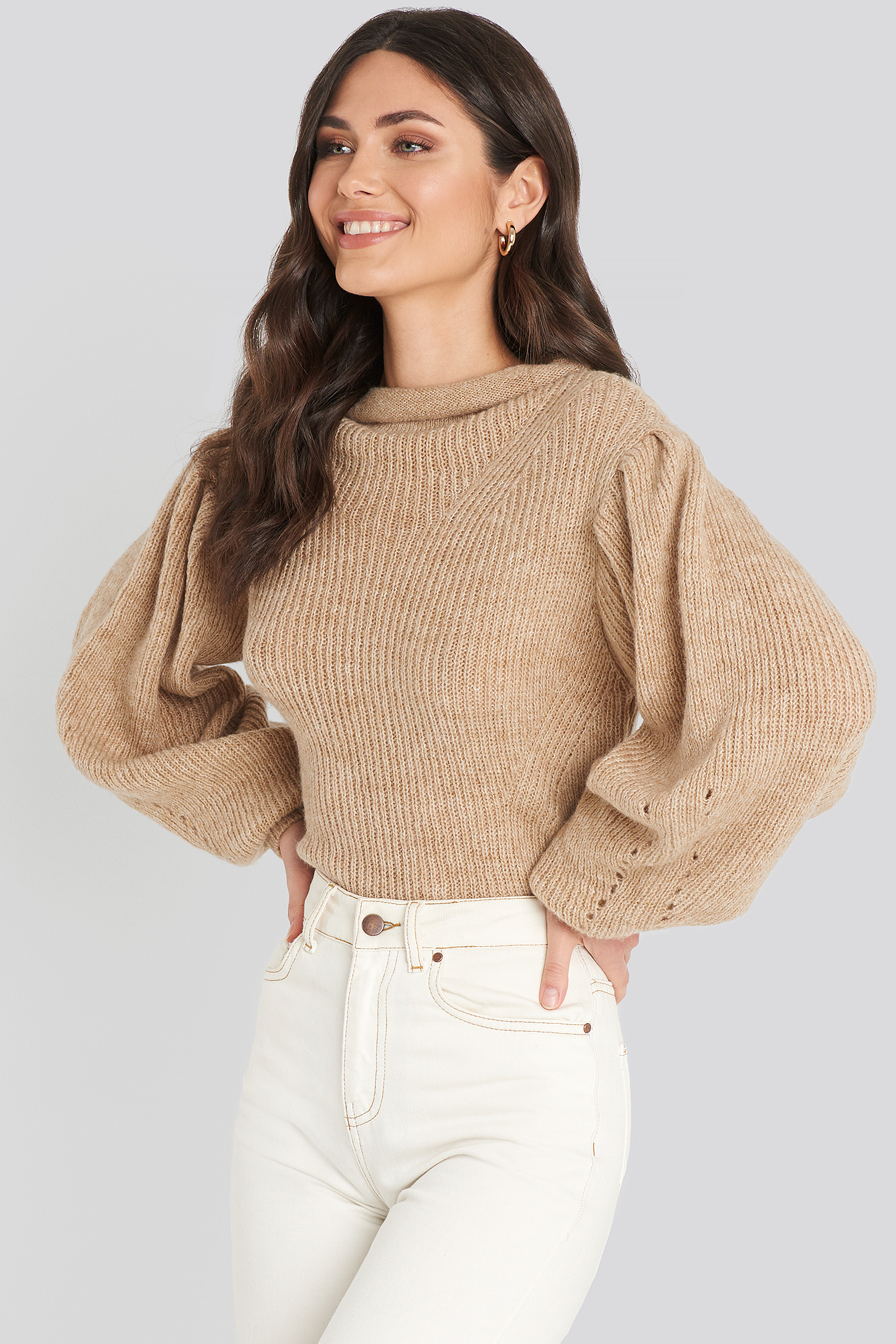 Ribbed High Neck Ballon Sleeve Knitted Sweater Beige Na Kd