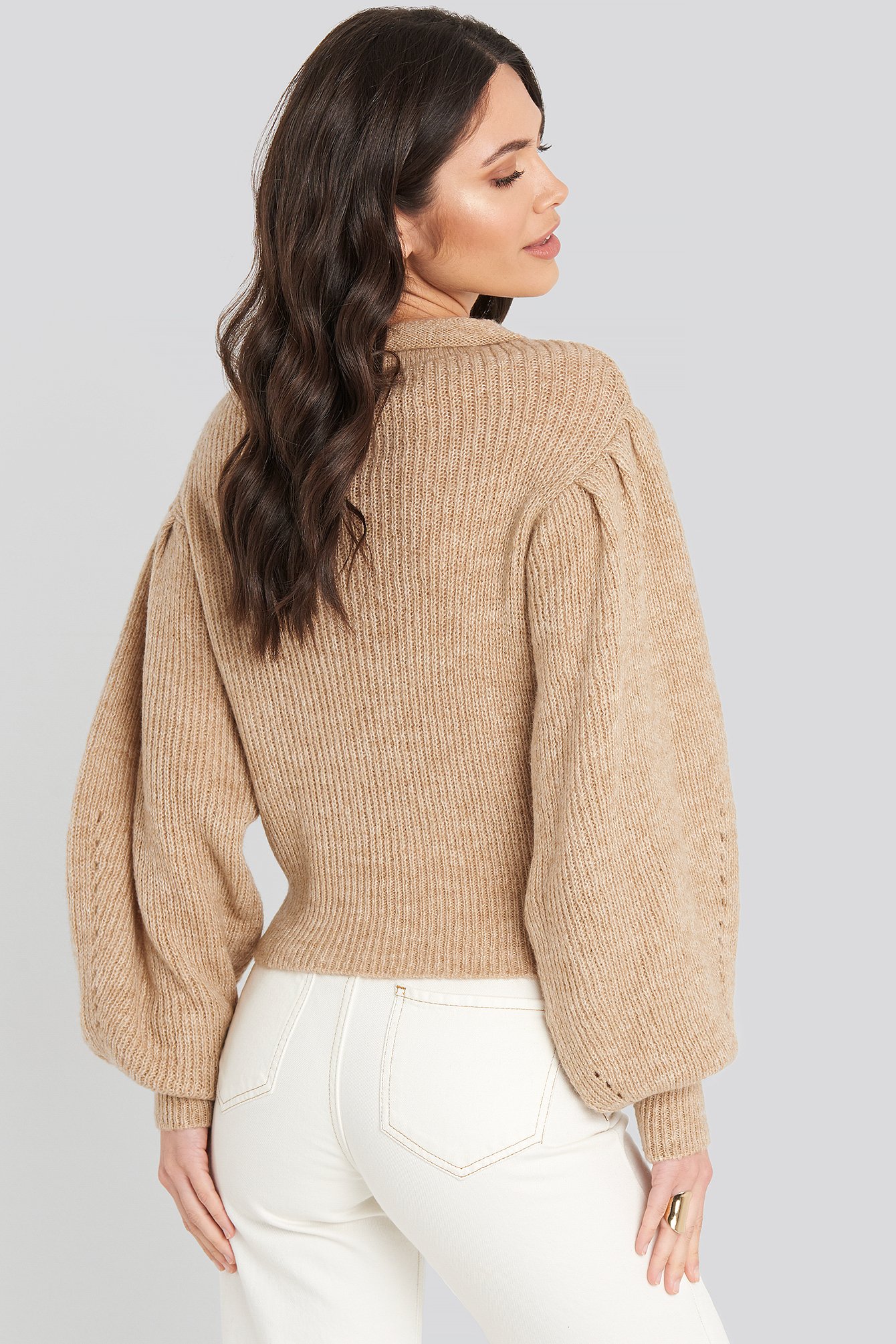 Ribbed High Neck Ballon  Sleeve Knitted Sweater  Beige na 