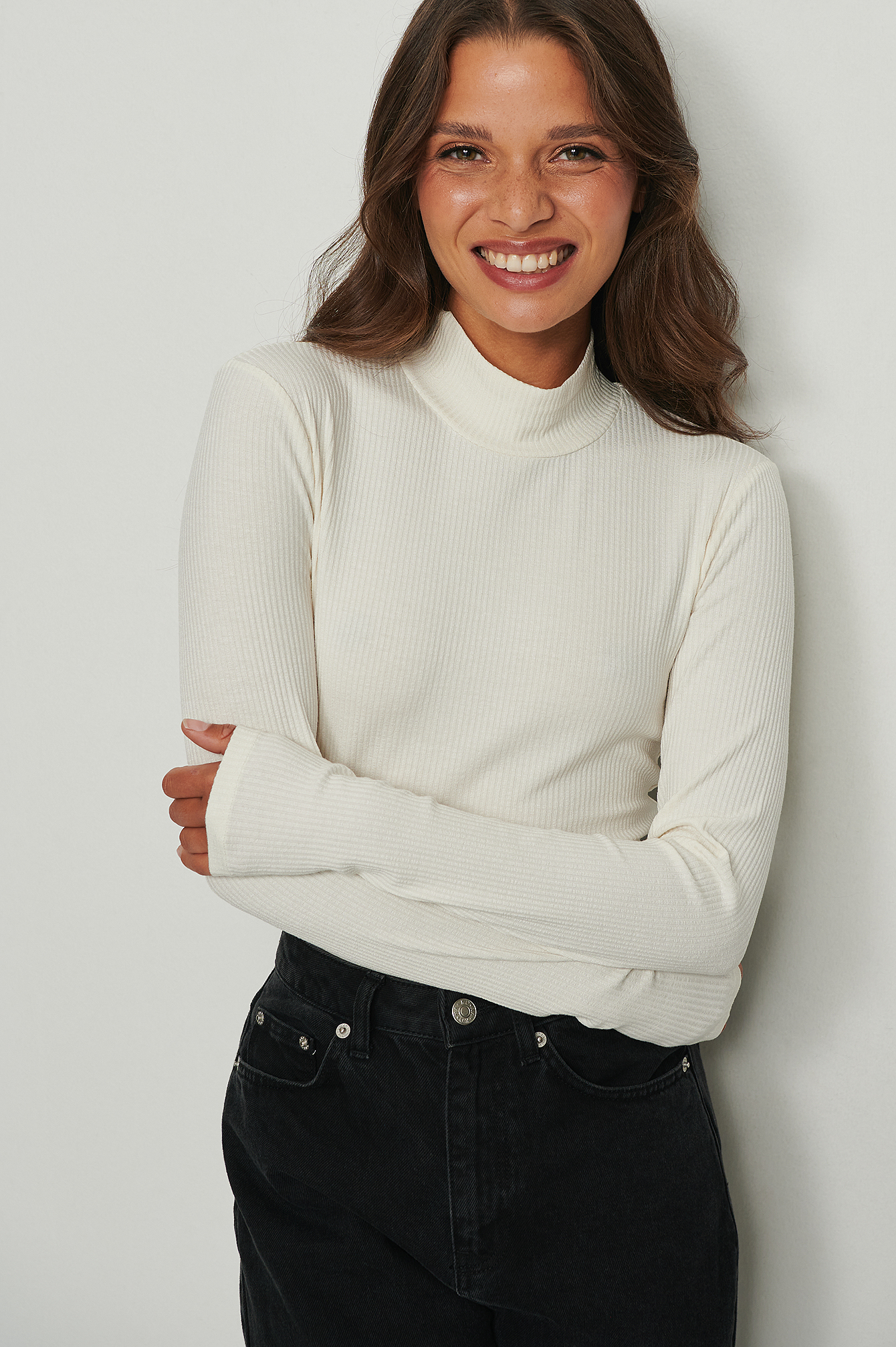 Ribbed Long Sleeved Turtle Neck Top Offwhite | NA-KD