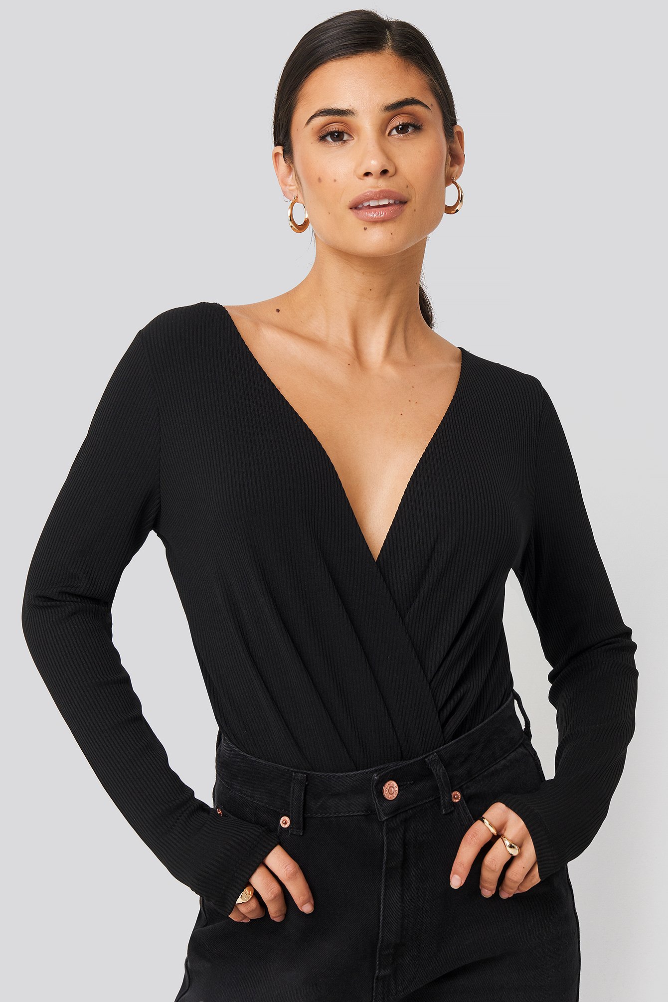 Ribbed Overlap Long Sleeve Body Black 