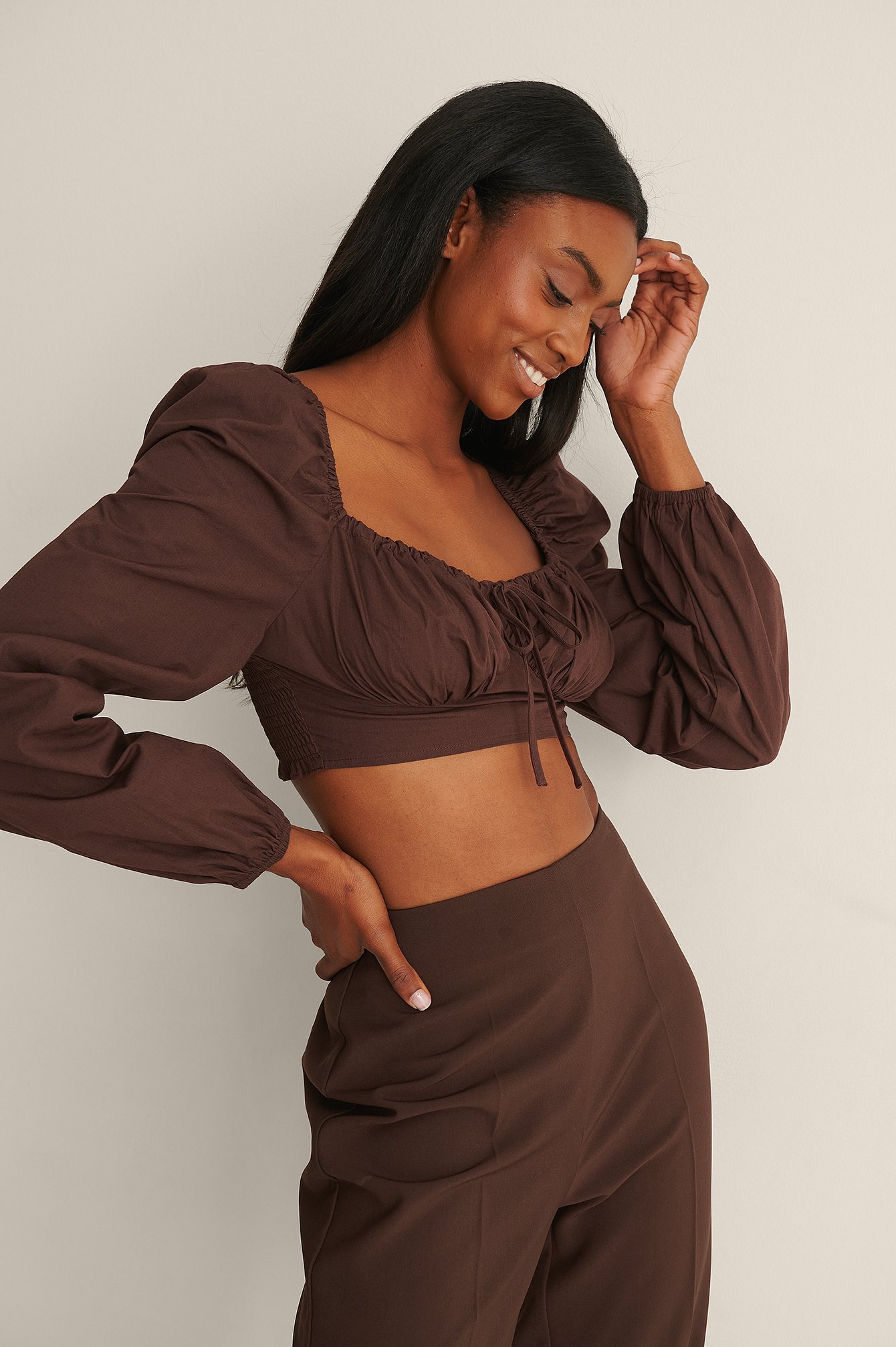 Ruched Long Sleeve Cotton Blouse Brown Na 