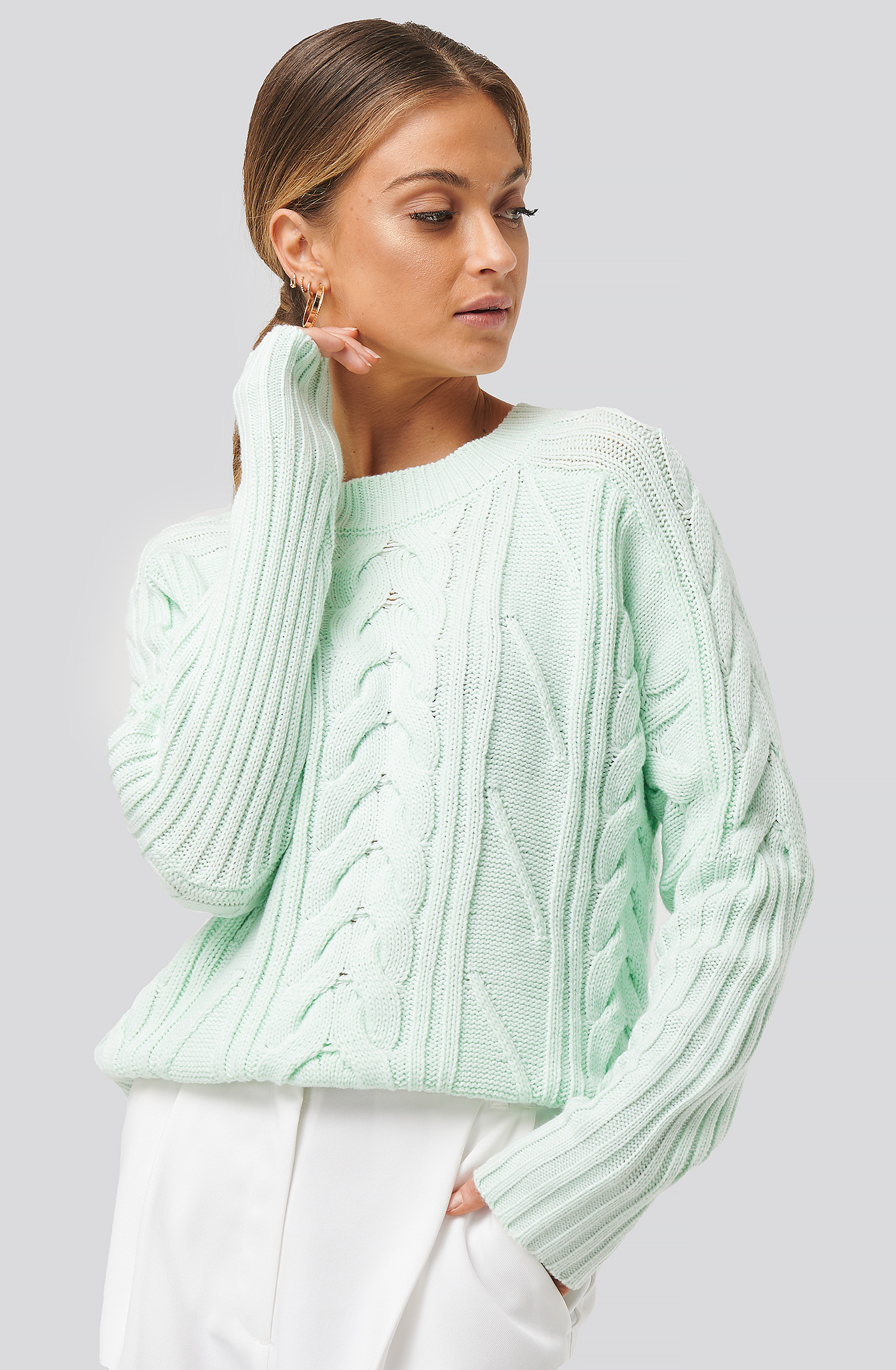 Round Neck Cable Knitted Sweater Grön Na Kd