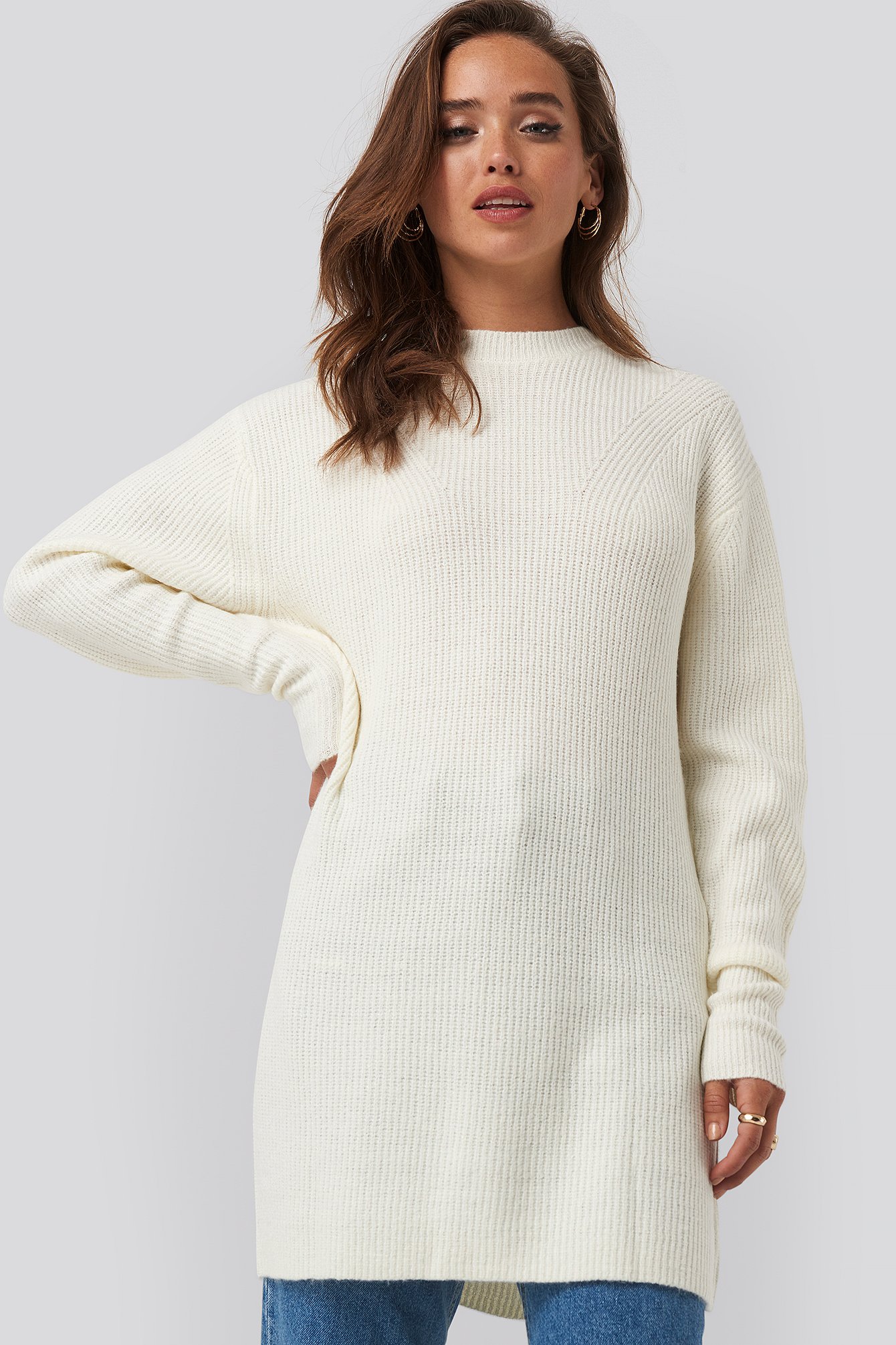 Round Neck Knitted Long Sweater White NAKD