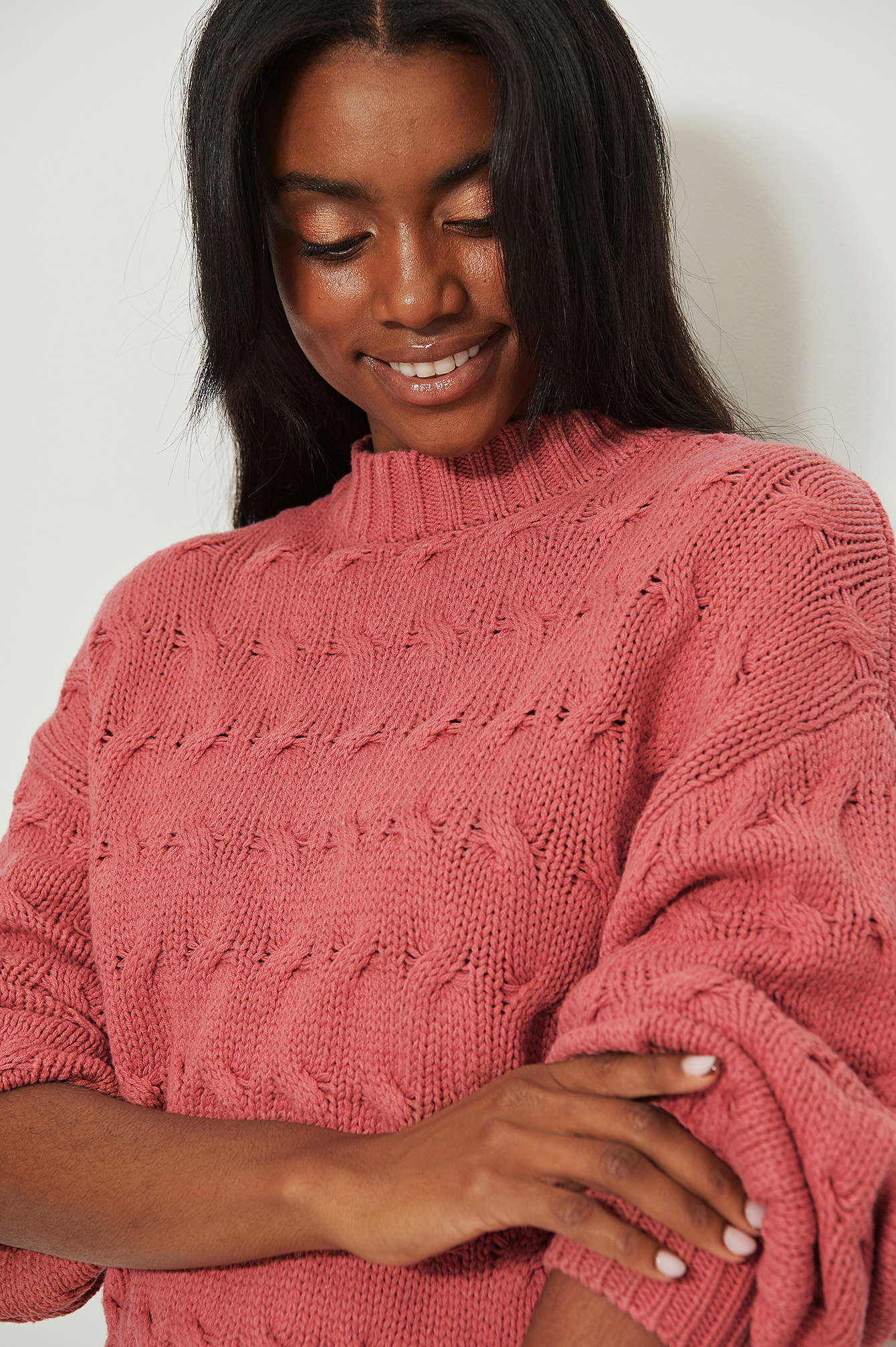 Round Neck Oversized Knitted Detail Sweater Pink | na-kd.com