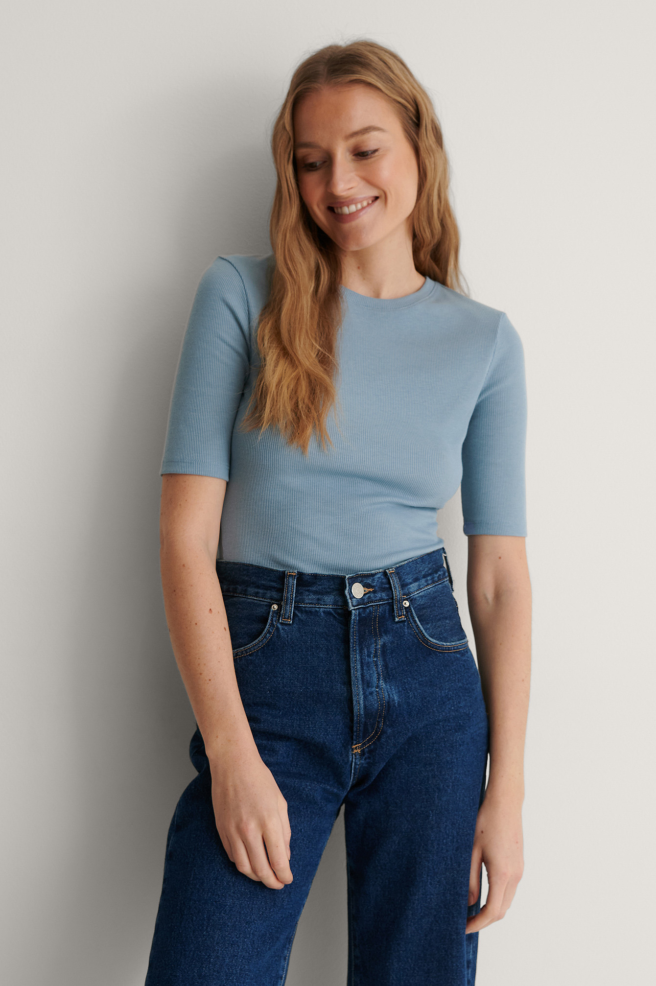Round Neck Ribbed Top Blue | NA-KD