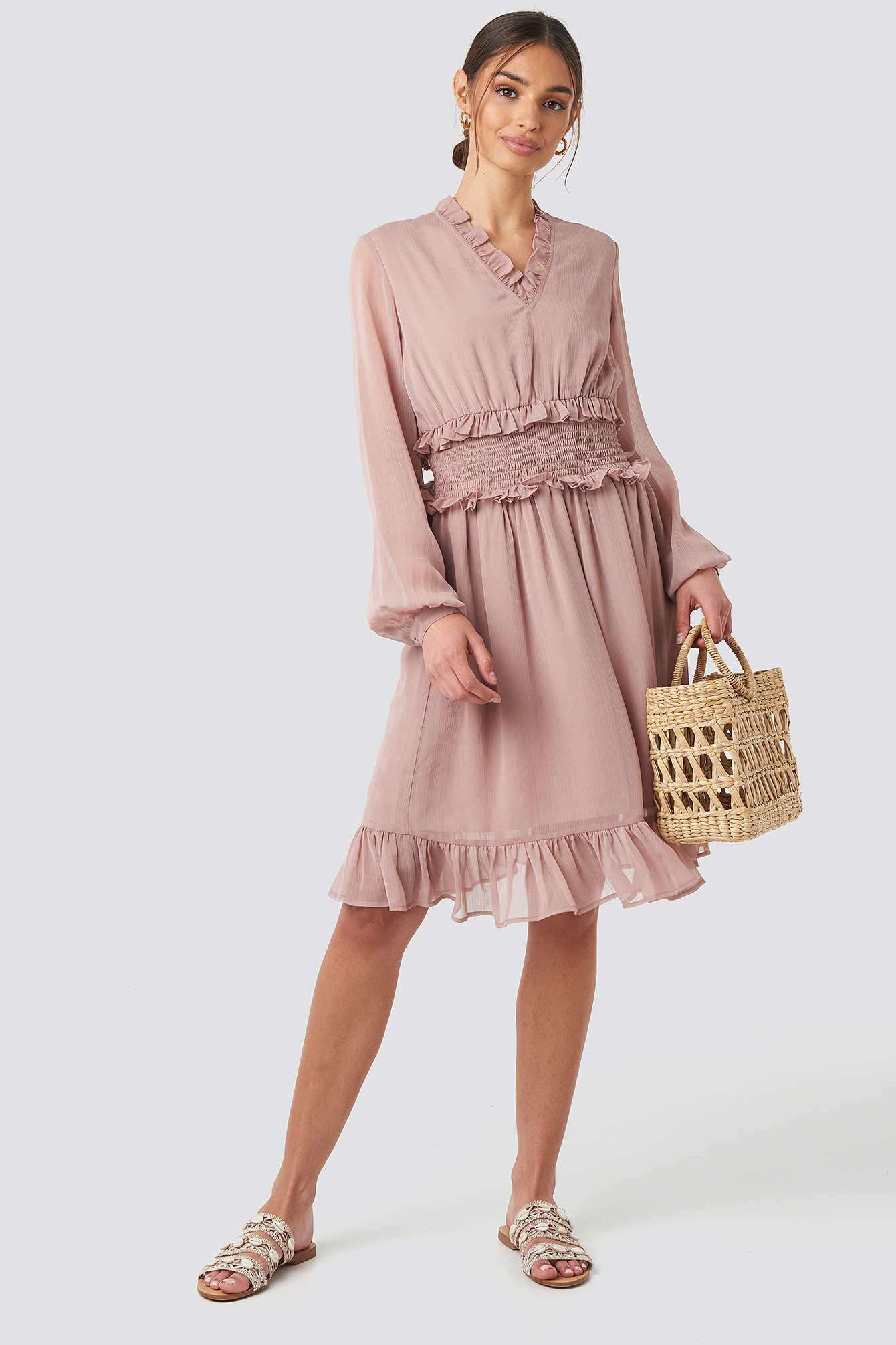 Ruffle Details Flowy Mini Dress Pink Na