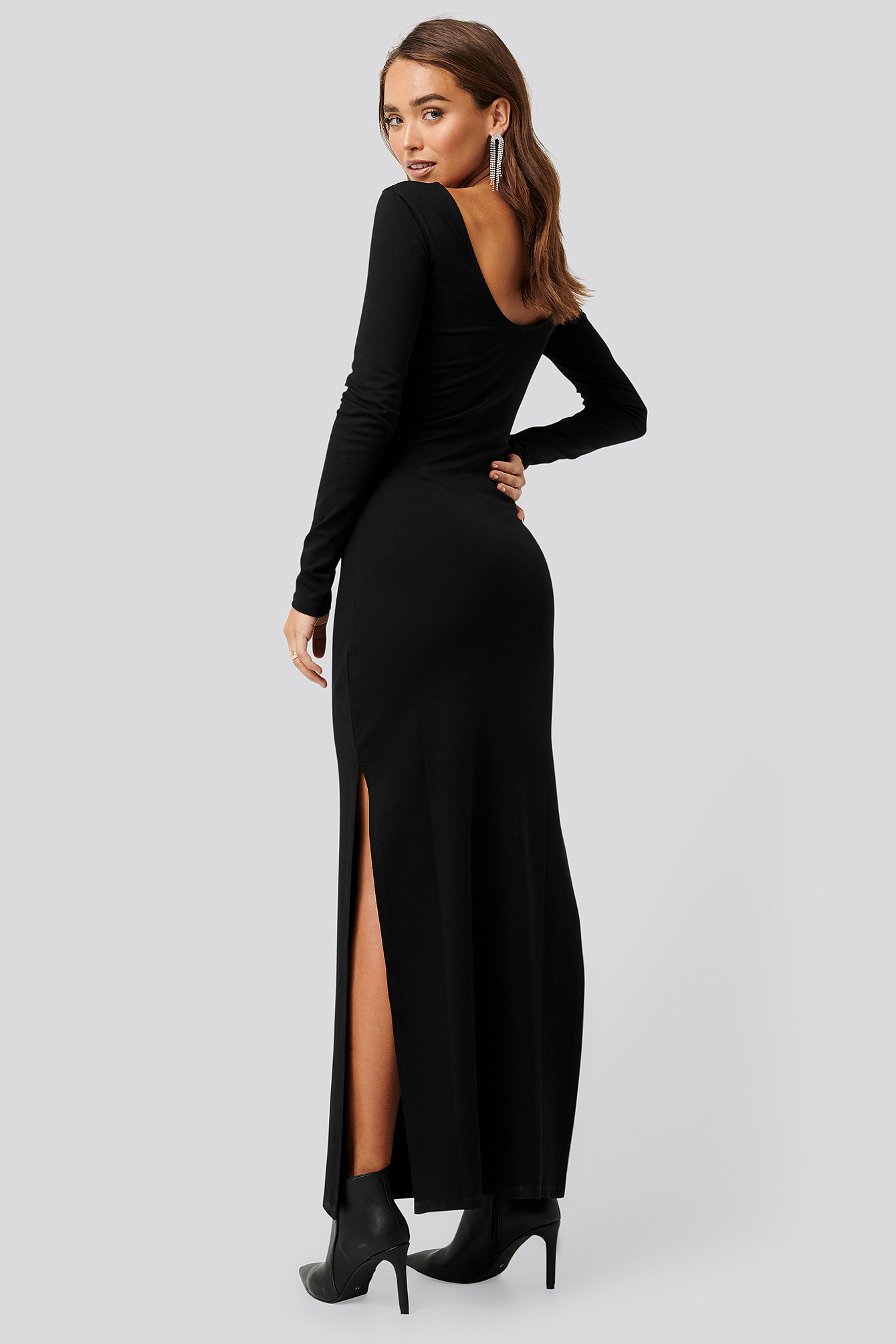 Scoop Back Long Sleeve Maxi Dress Black Na 