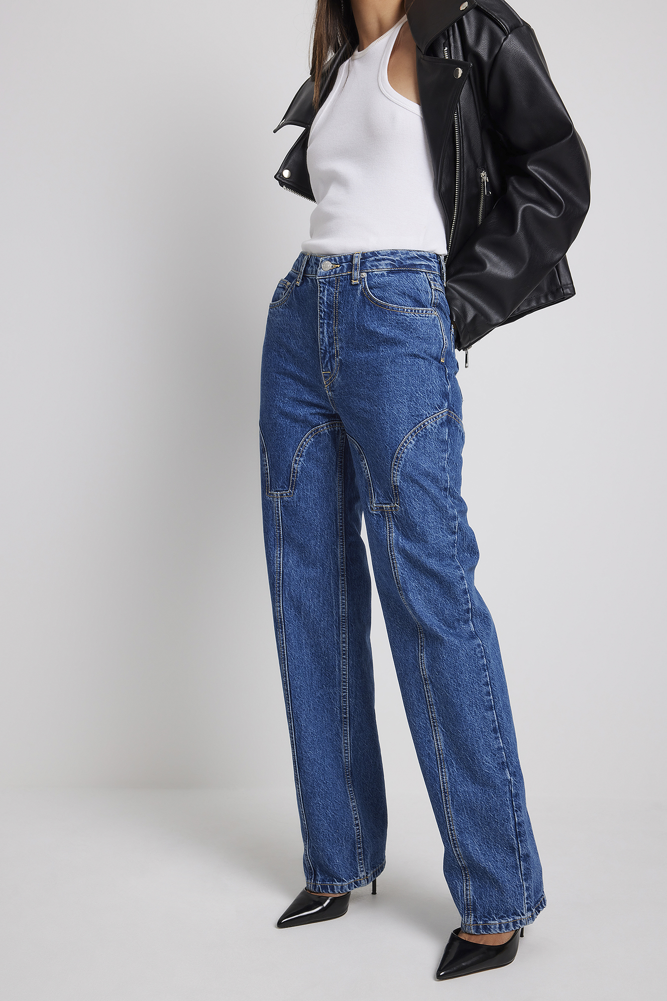 Mid Blue Wash Jeans Detail Denim Halterneck Top