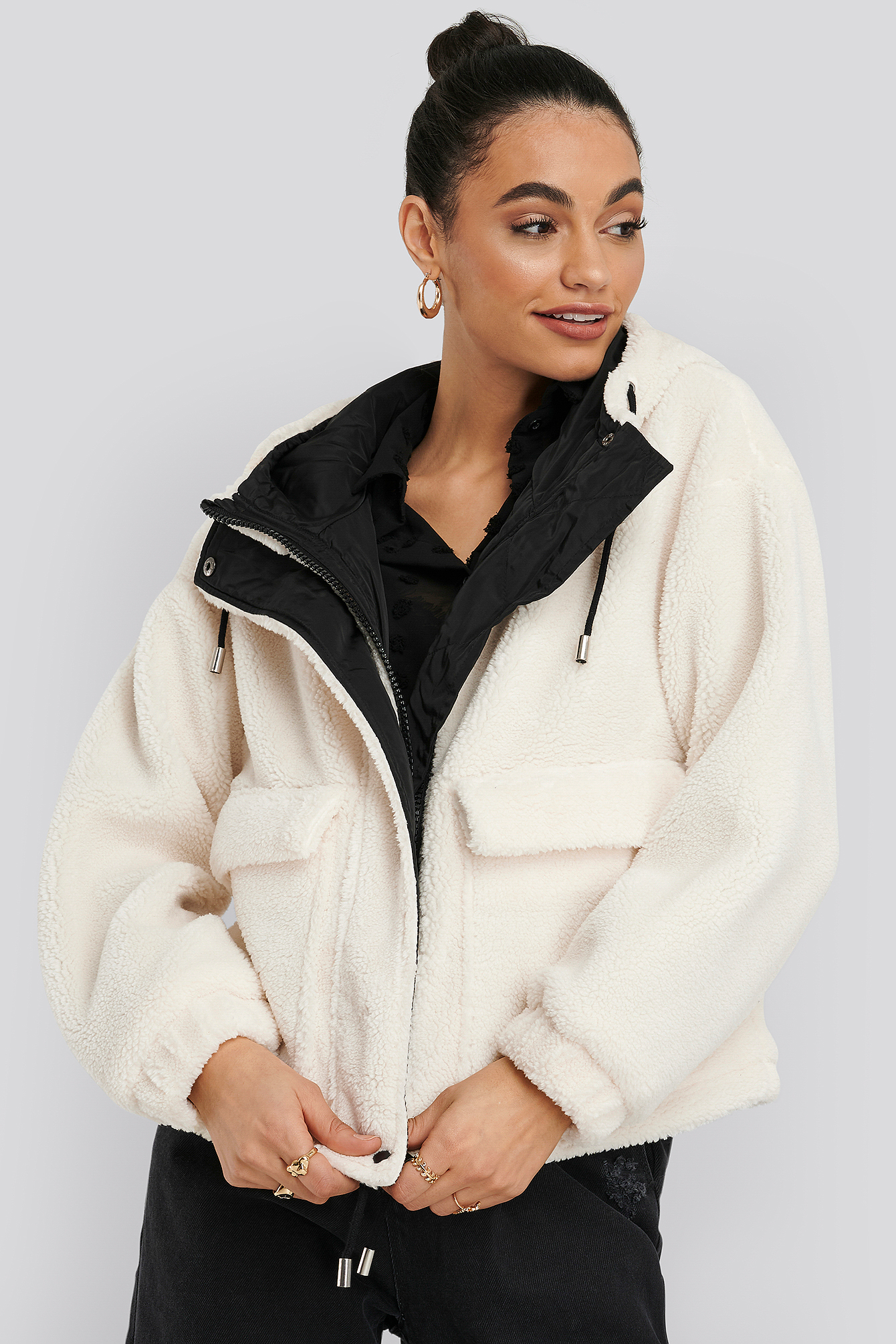 Shearling Hooded Jacket White | NA-KD