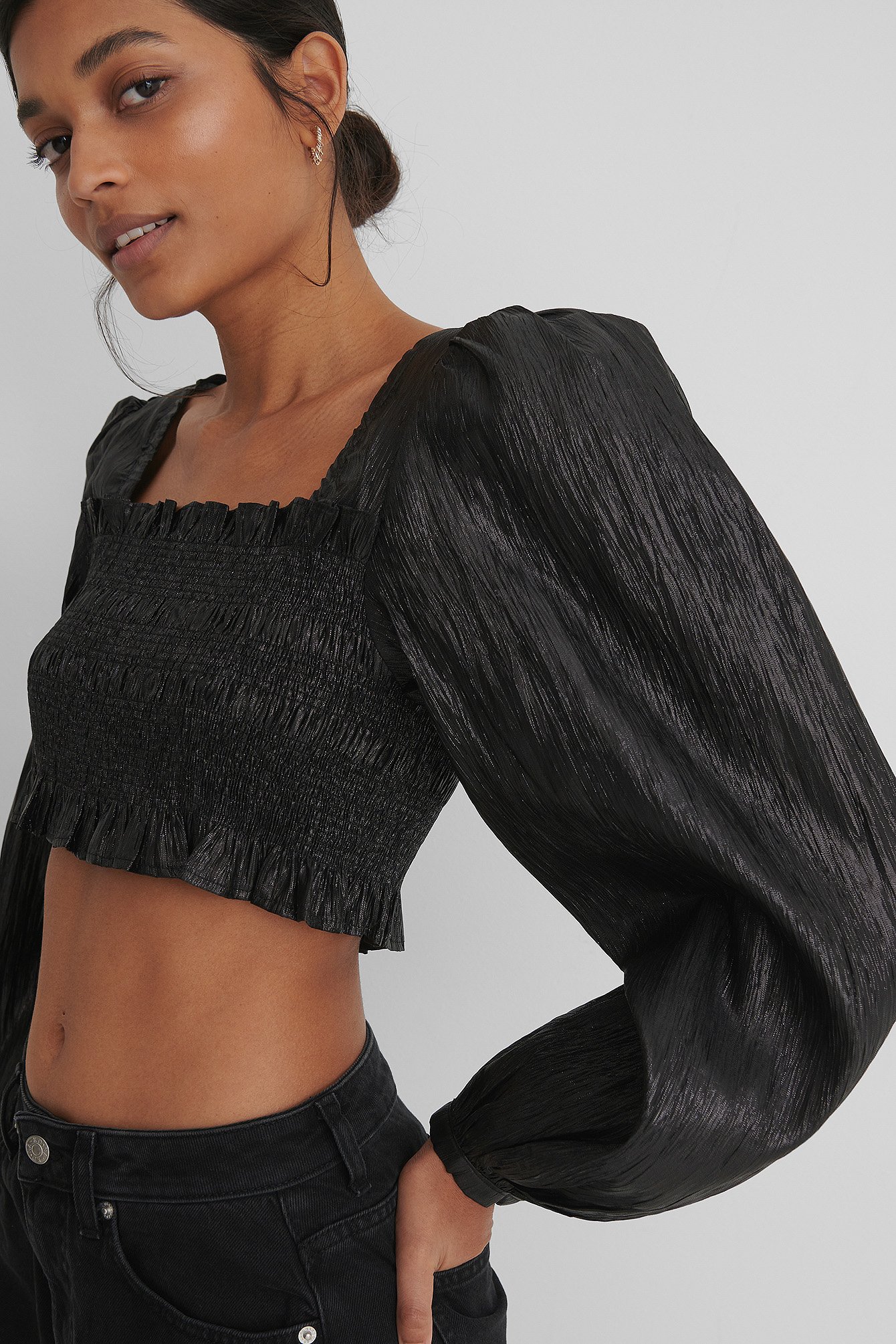 black smocked crop top