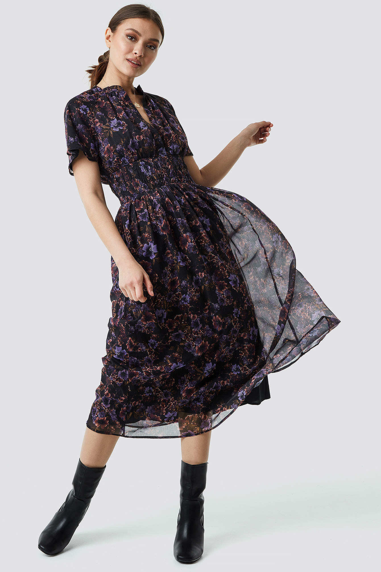 Shirred Detail Flowy Chiffon Dress Purple | NA-KD