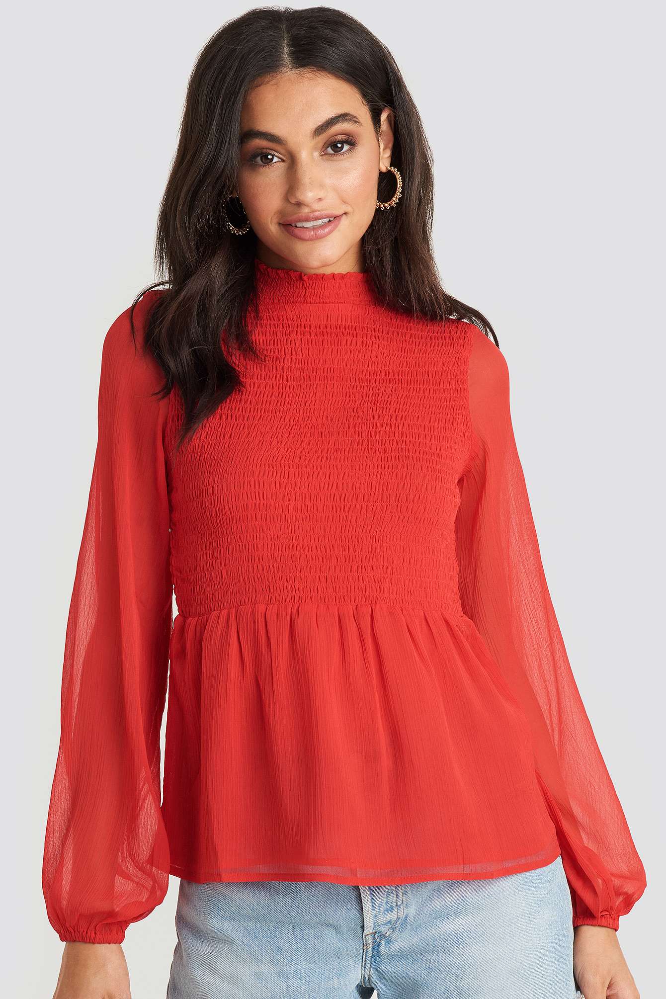 Shirred High Neck Blouse Red | na-kd.com