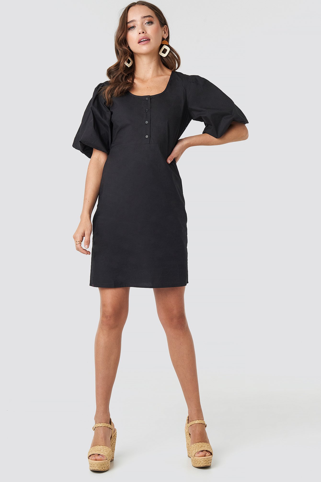 Short Puff Sleeve Button Up Dress Black Na Kd 7569